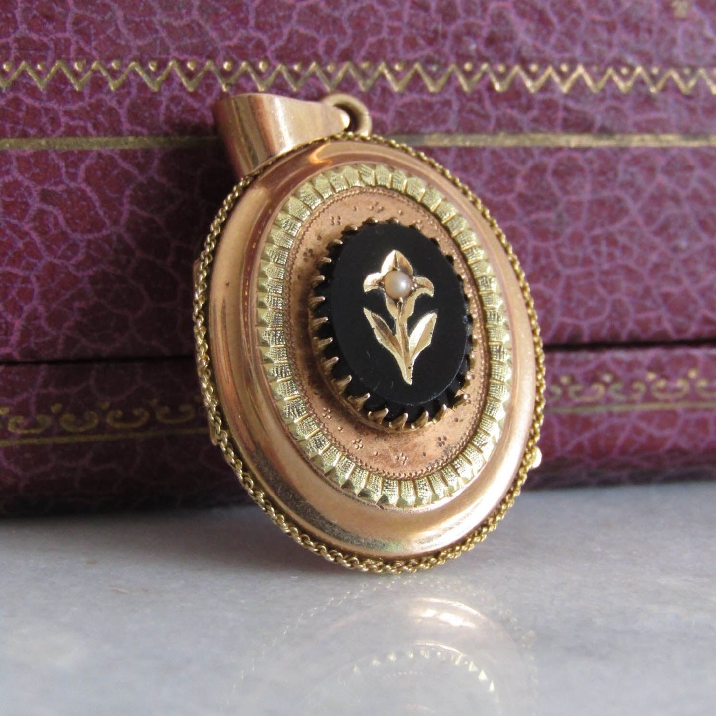 Antique 18K Solid Gold Victorian Onyx Mourning Locket, Belle Epoque Napoleonn III Pendant