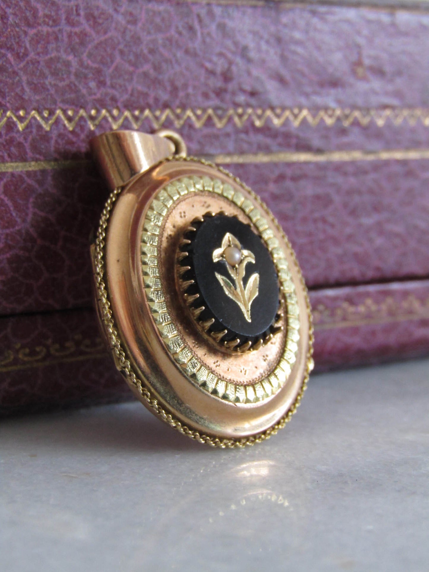 Antique 18K Solid Gold Victorian Onyx Mourning Locket, Belle Epoque Napoleonn III Pendant