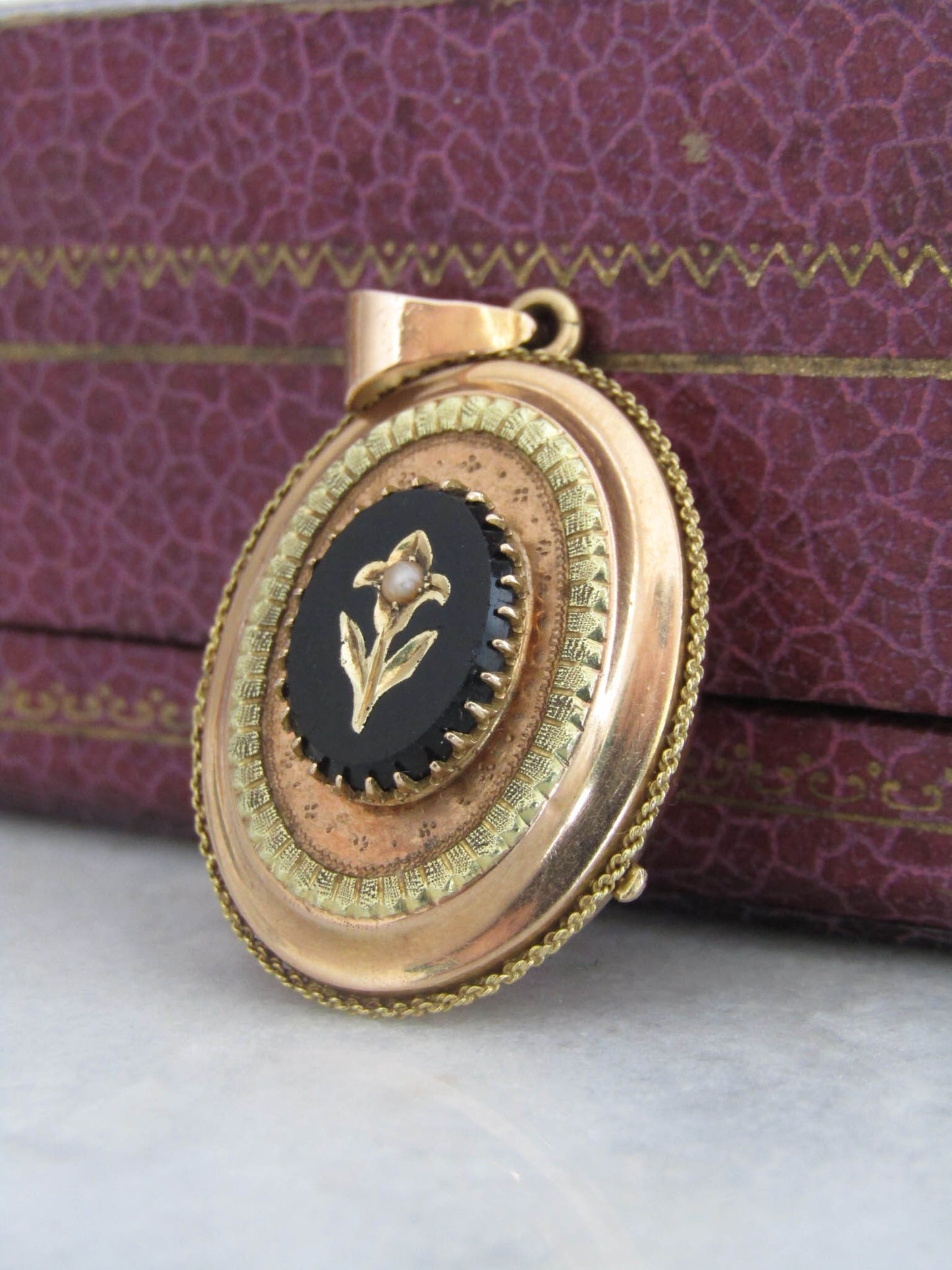 Antique 18K Solid Gold Victorian Onyx Mourning Locket, Belle Epoque Napoleonn III Pendant