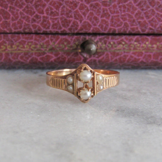 Antique 18K Solid Gold Napoleon III Seed Pearl Ring, Belle Epoque French Ring c. 1880