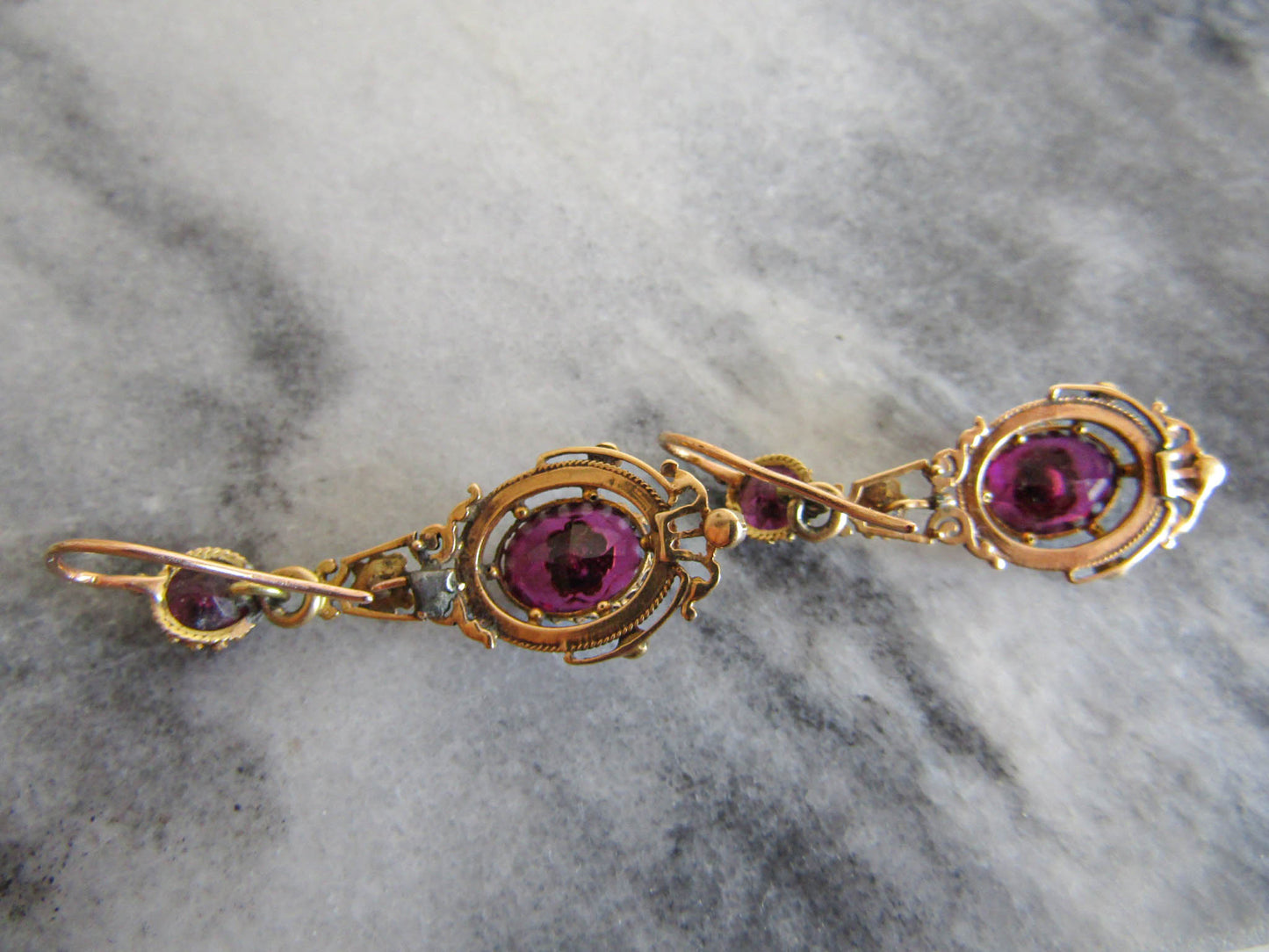 18K Gold Amethyst Napoleon III Pendant Earrings, Antique French Statement Earrings c. 1880