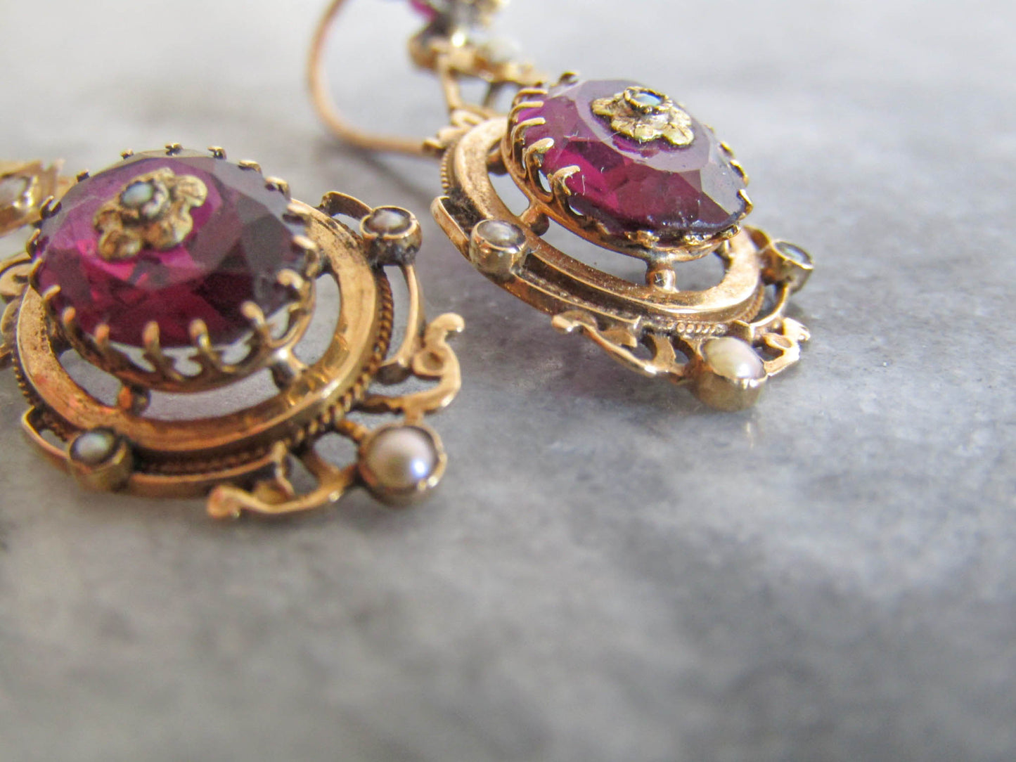 18K Gold Amethyst Napoleon III Pendant Earrings, Antique French Statement Earrings c. 1880