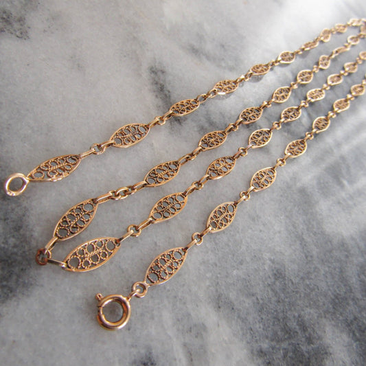 30" Antique Vermeil Filigree Chain, Vintage Filigree Silver and Gold Filled Chain