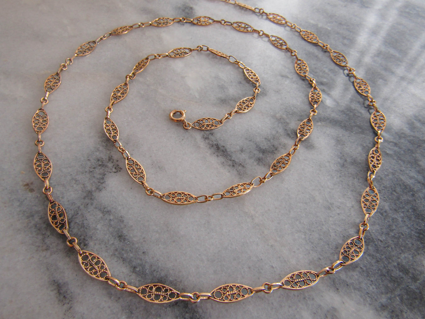 30" Antique Vermeil Filigree Chain, Vintage Filigree Silver and Gold Filled Chain