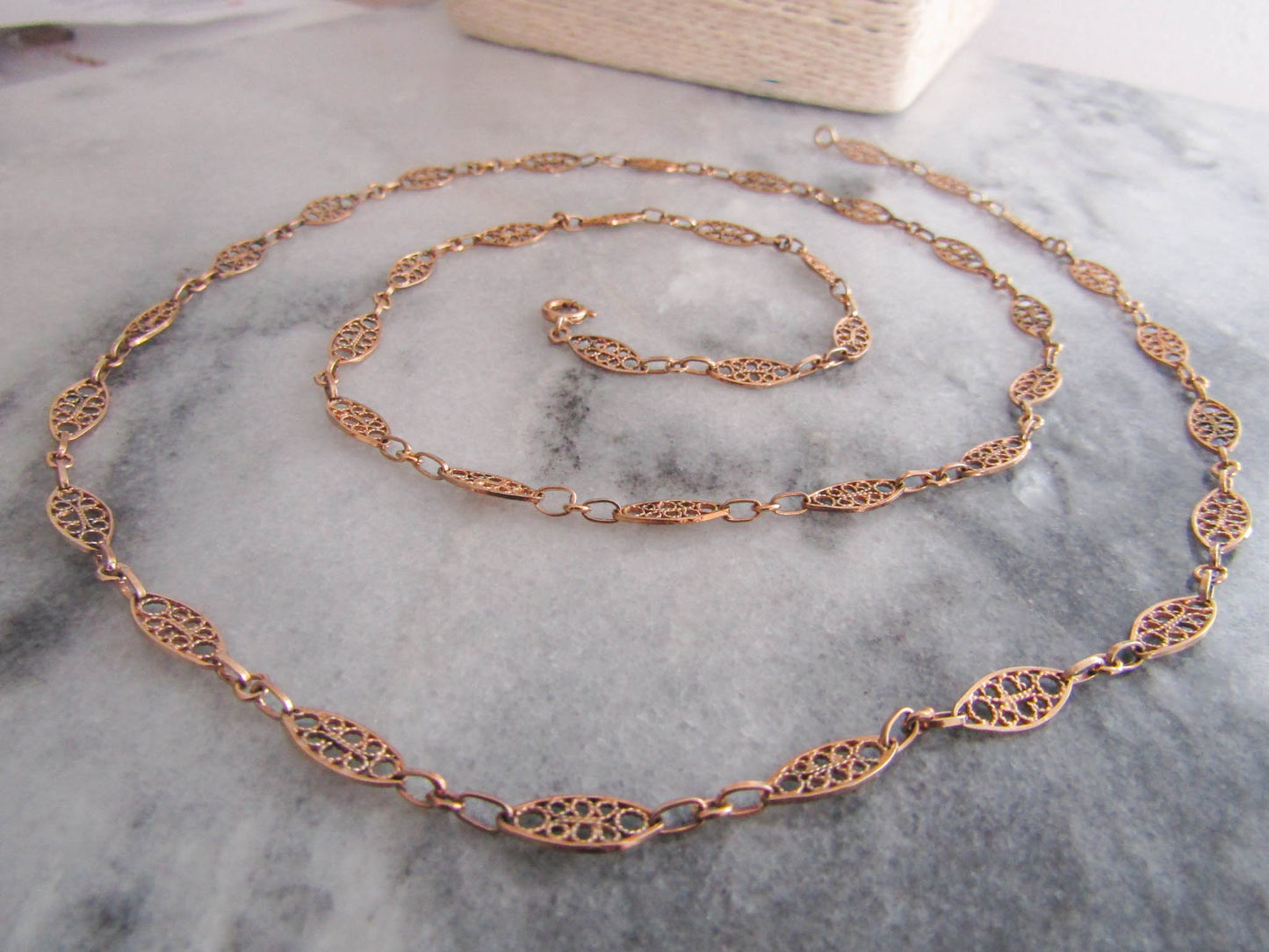 30" Antique Vermeil Filigree Chain, Vintage Filigree Silver and Gold Filled Chain