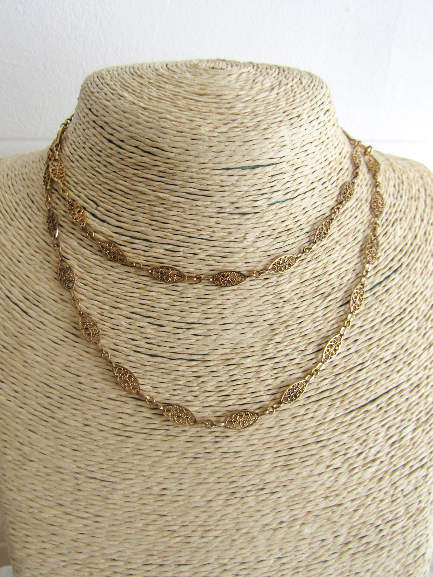 30" Antique Vermeil Filigree Chain, Vintage Filigree Silver and Gold Filled Chain