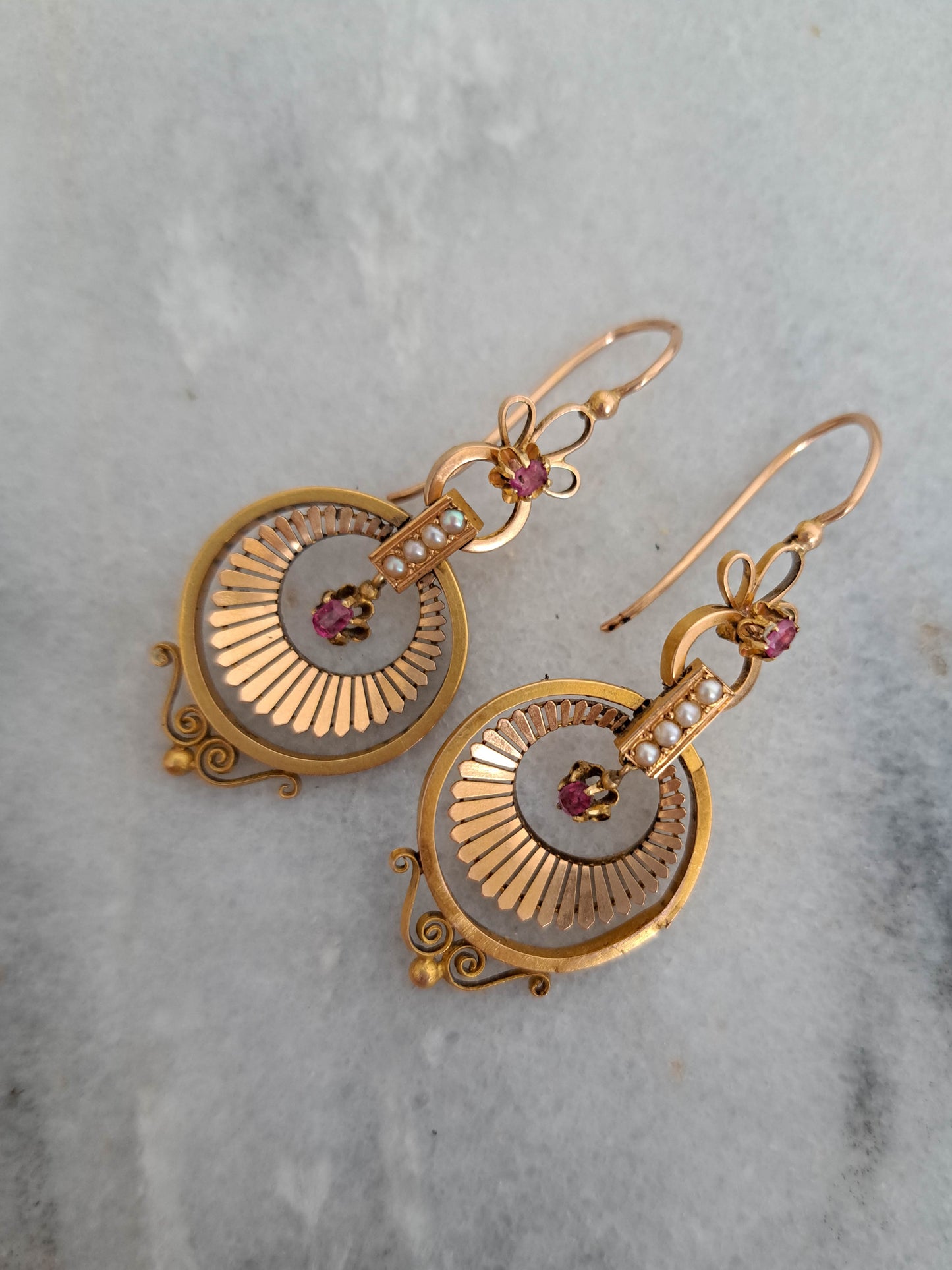 Antique 18K Solid Gold Etruscan Revival Dangle Earrings, Stunning Belle Epoque Ruby and Pearl Drop Earrings c 1860