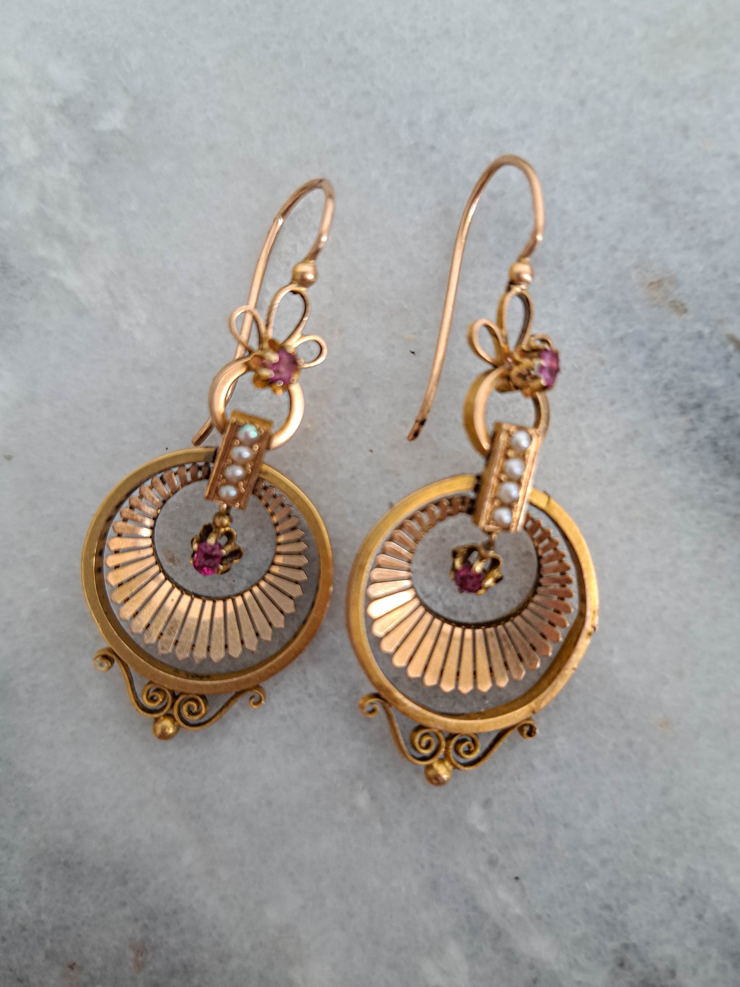 Antique 18K Solid Gold Etruscan Revival Dangle Earrings, Stunning Belle Epoque Ruby and Pearl Drop Earrings c 1860