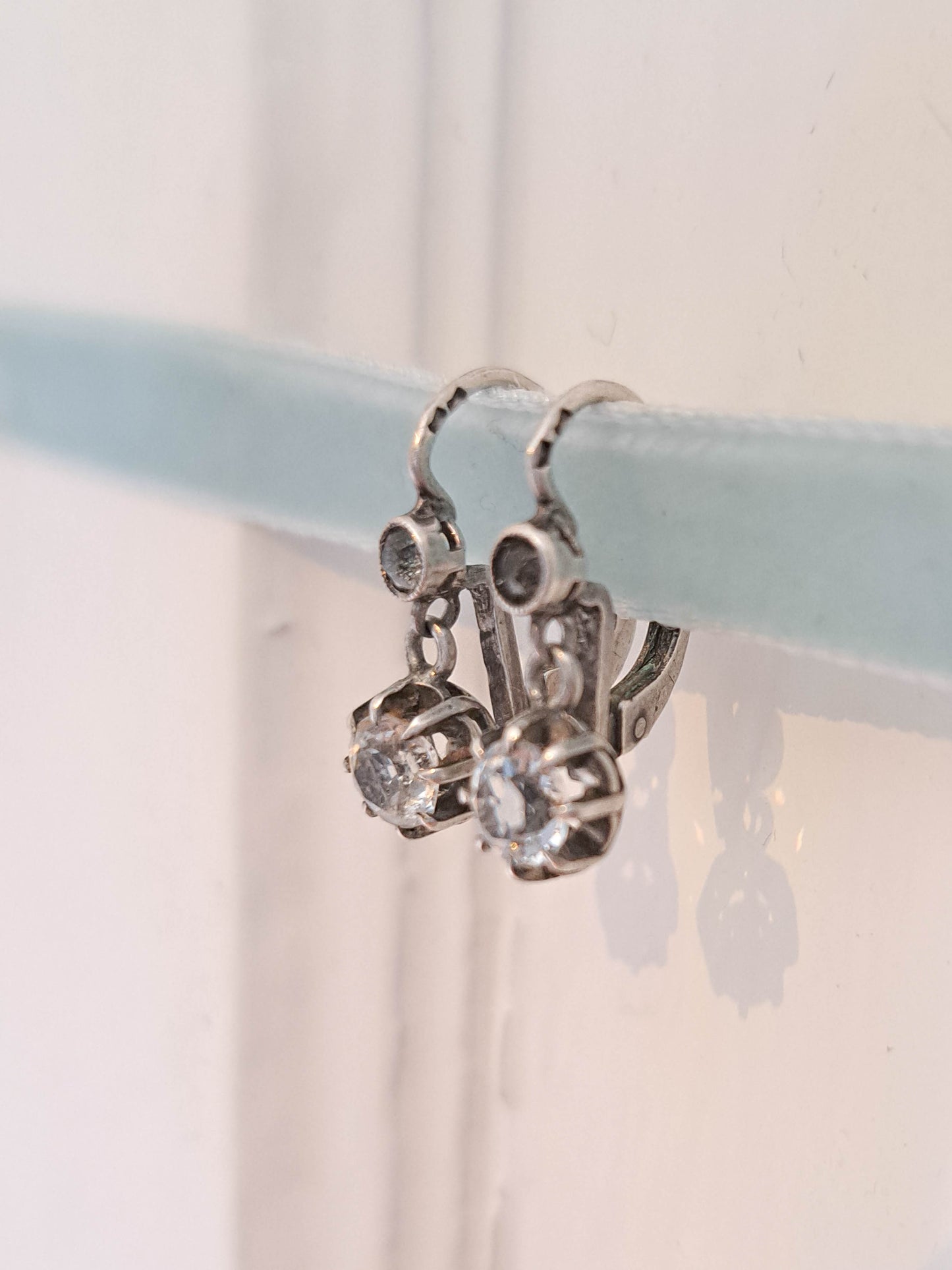 Art Deco Silver Rock Crystal Drop Earrings, Antique French Sleeper Earrings