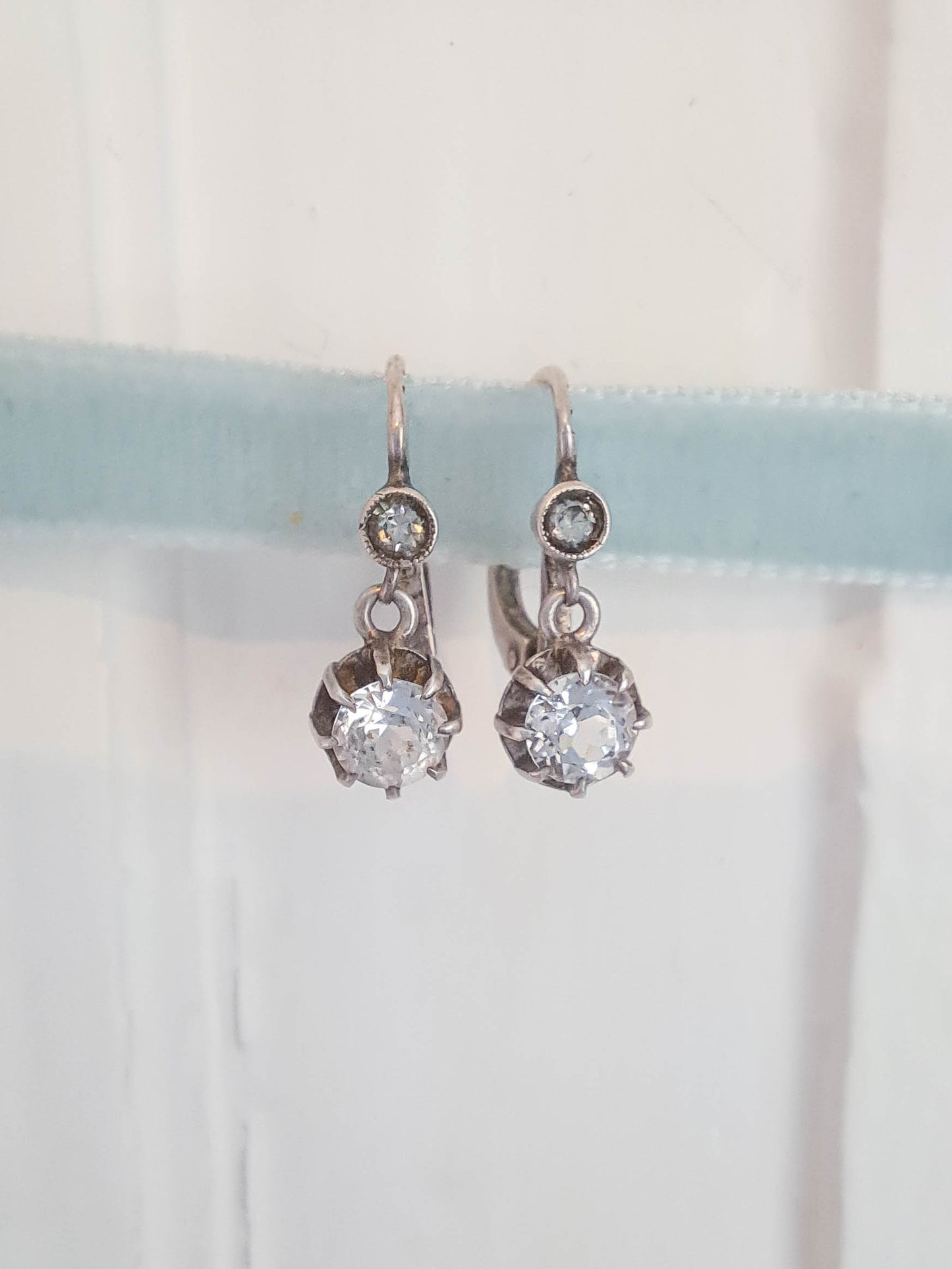 Art Deco Silver Rock Crystal Drop Earrings, Antique French Sleeper Earrings