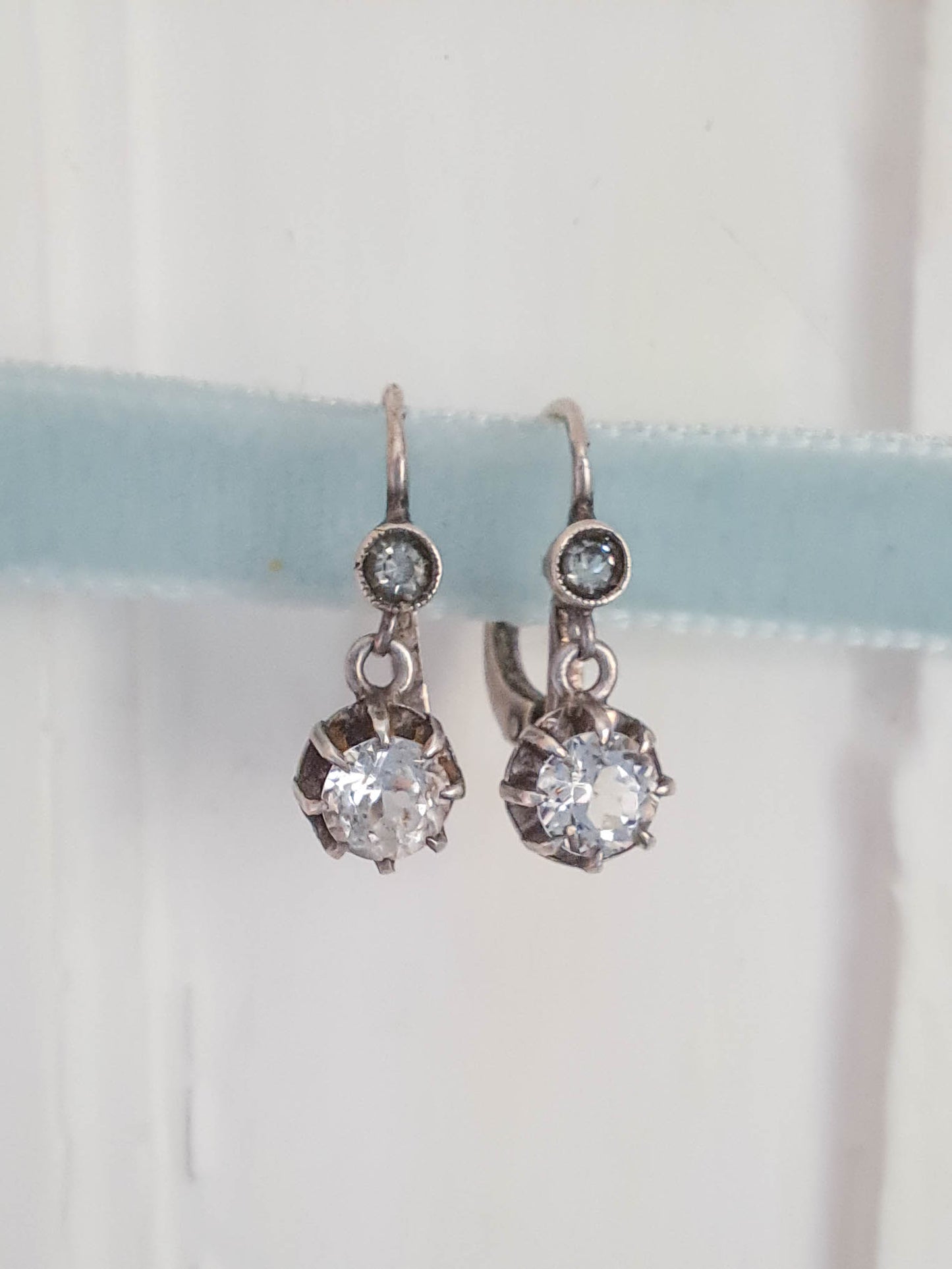 Art Deco Silver Rock Crystal Drop Earrings, Antique French Sleeper Earrings