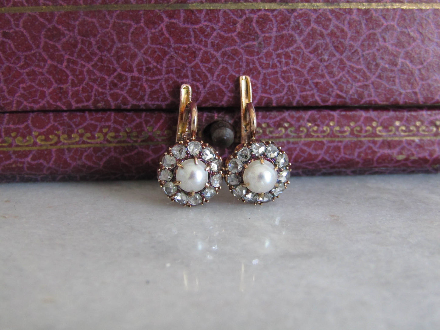 BOXED - Antique 14K Gold Diamond and Pearl Cluster Earrings, French Edwardian Daisy Earrings c. 1900