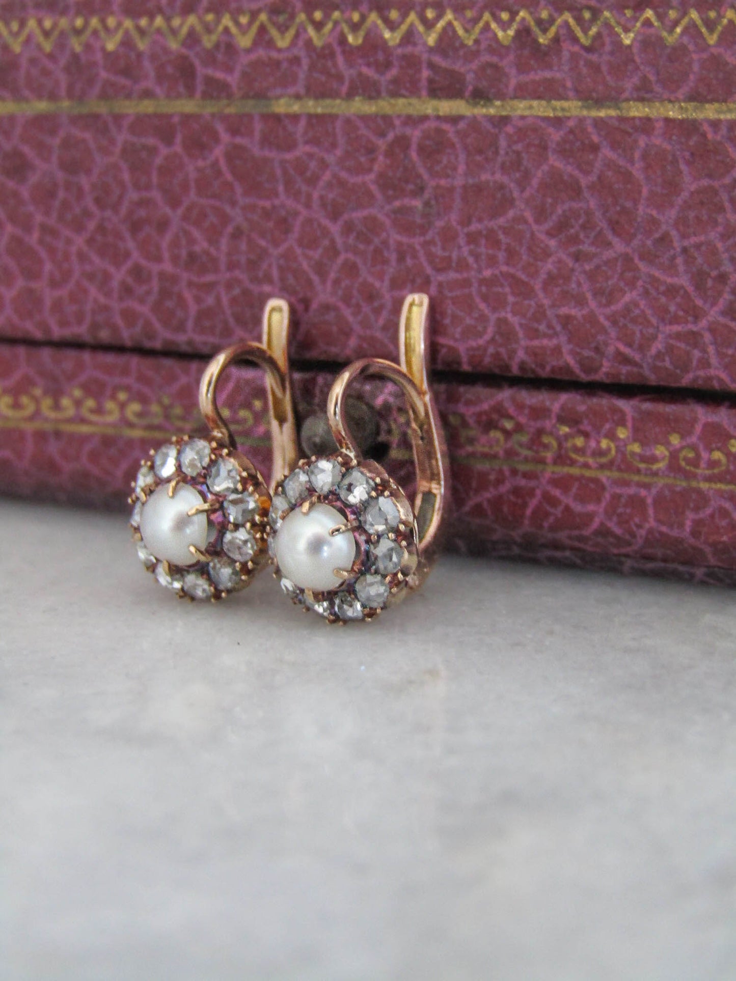 BOXED - Antique 14K Gold Diamond and Pearl Cluster Earrings, French Edwardian Daisy Earrings c. 1900