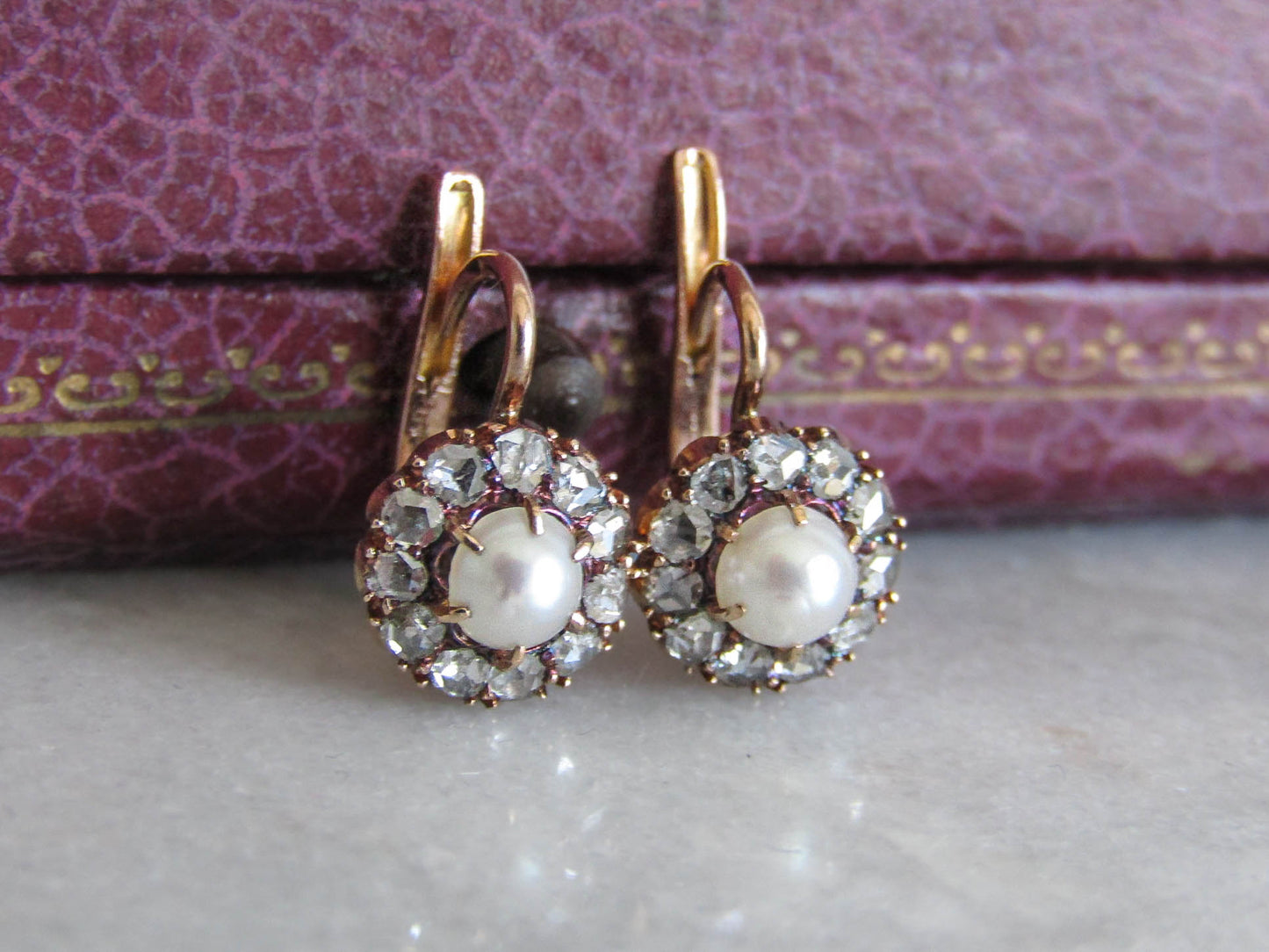 BOXED - Antique 14K Gold Diamond and Pearl Cluster Earrings, French Edwardian Daisy Earrings c. 1900