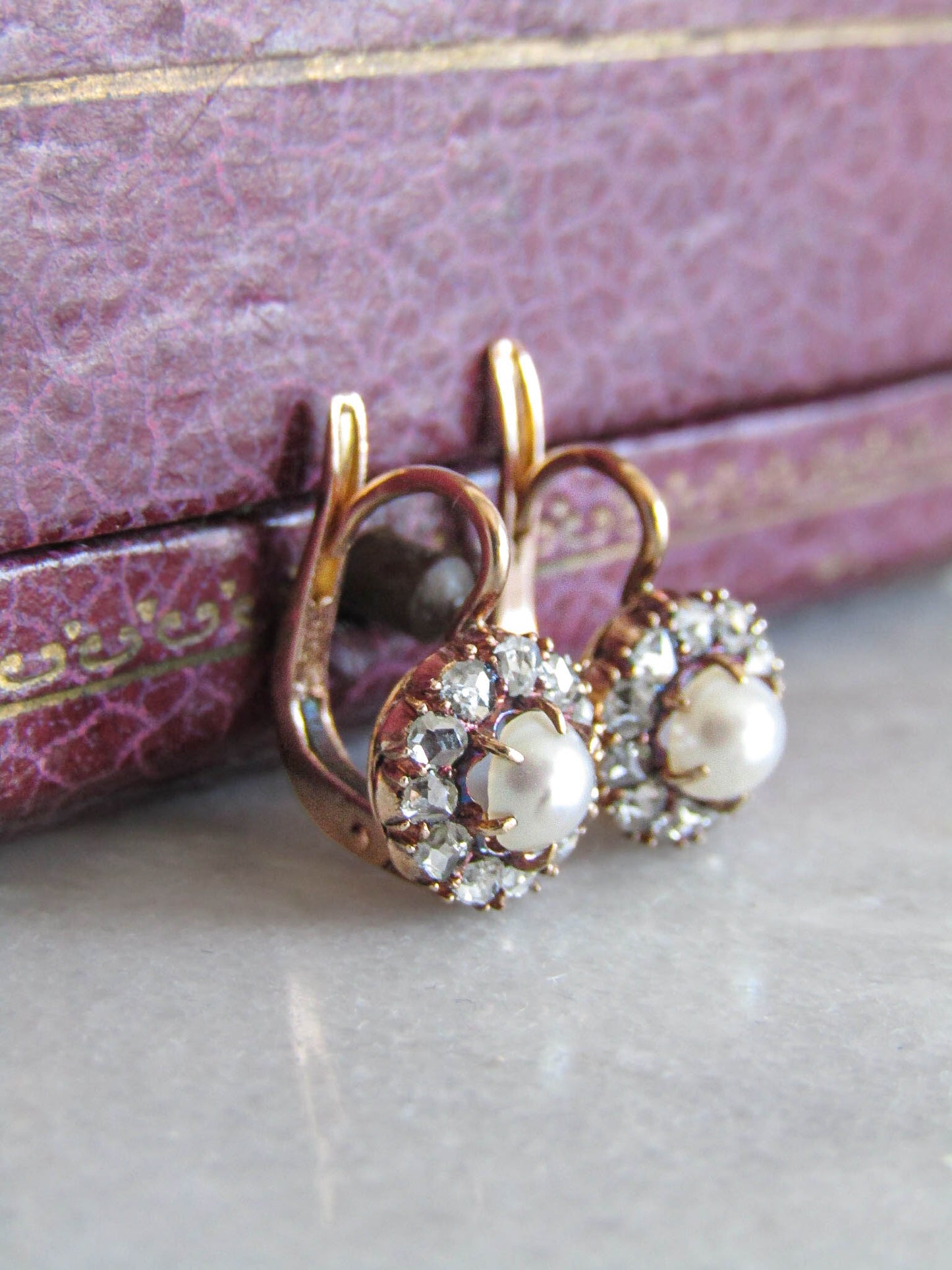 BOXED - Antique 14K Gold Diamond and Pearl Cluster Earrings, French Edwardian Daisy Earrings c. 1900