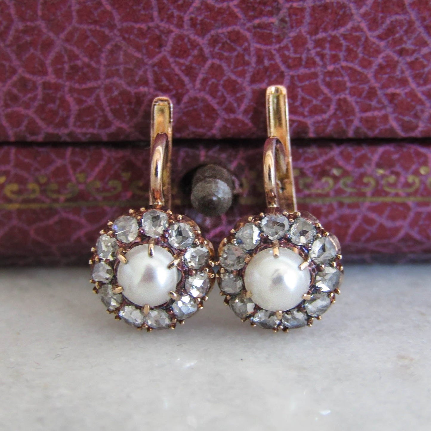 BOXED - Antique 14K Gold Diamond and Pearl Cluster Earrings, French Edwardian Daisy Earrings c. 1900