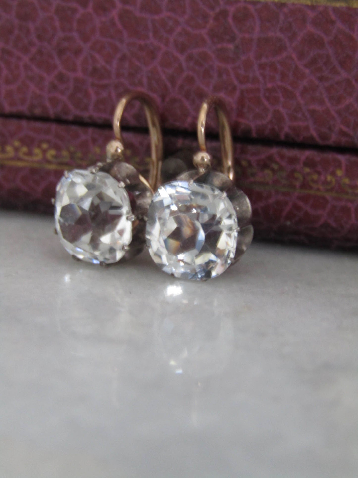 Antique Large Old Mine Cut Rock Crystal Earrings, XIX Century Silver and 18K Gold Drop Earrings