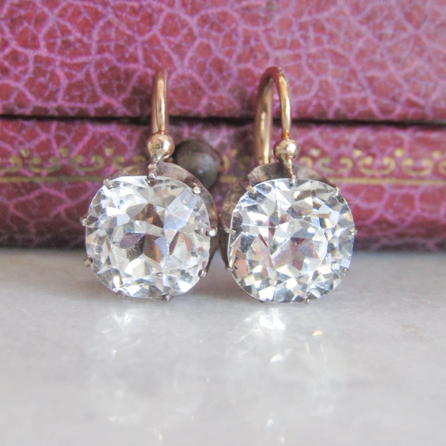 Antique Large Old Mine Cut Rock Crystal Earrings, XIX Century Silver and 18K Gold Drop Earrings