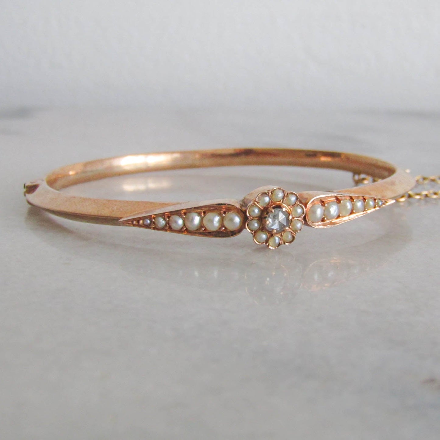 SMALL - 18K Gold Victorian Diamond and Pearl Bangle Bracelet, Antique French Belle Epoque Small Wrist Hinged Box Clasp Bracelet