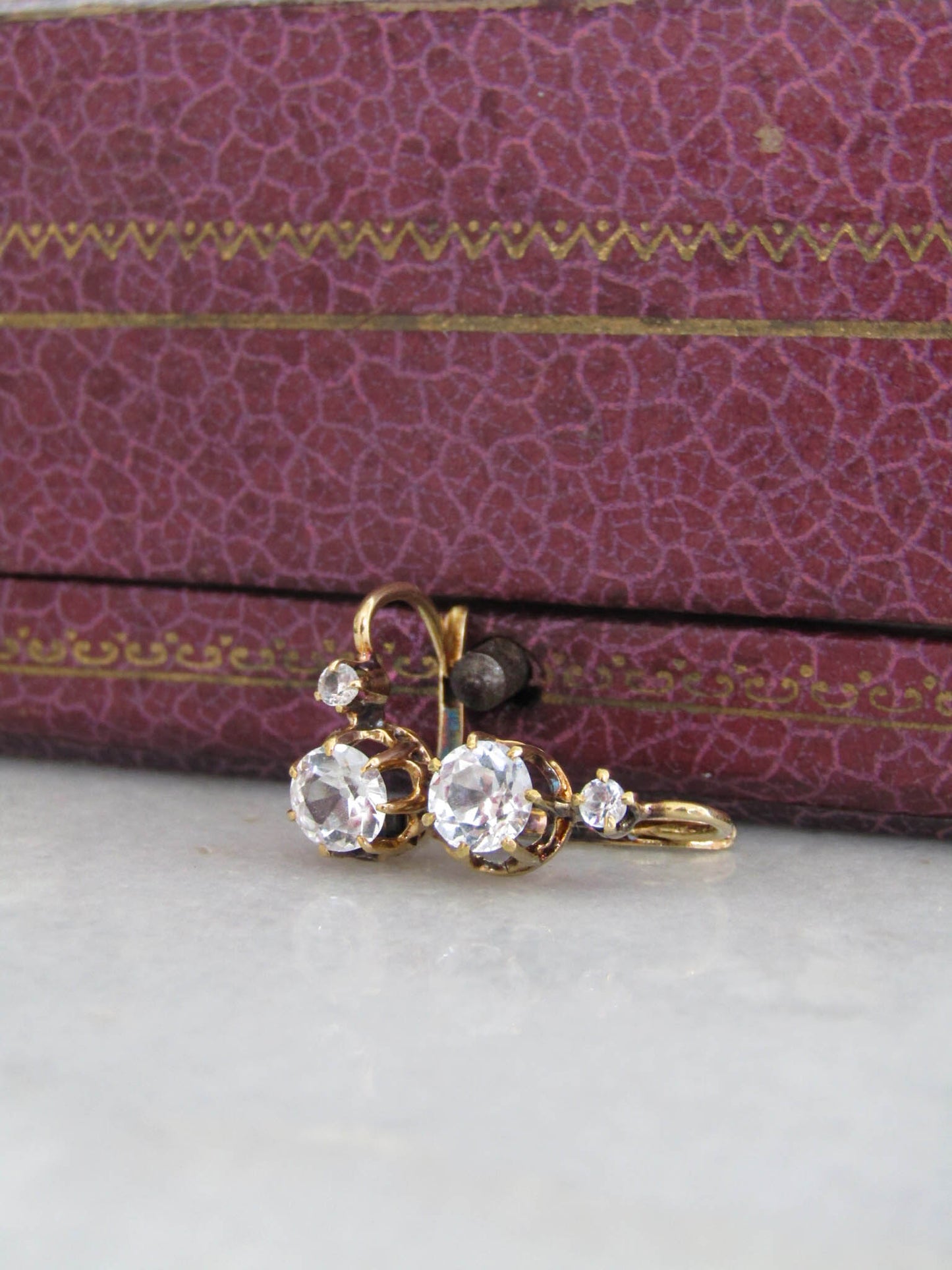 BOXED- 18K Gold White Sapphire Drop Earrings, Antique French Old European Cut Earrings