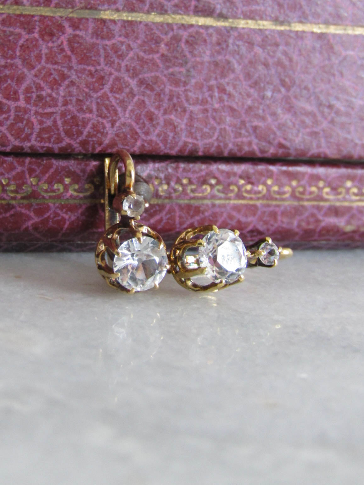 BOXED- 18K Gold White Sapphire Drop Earrings, Antique French Old European Cut Earrings