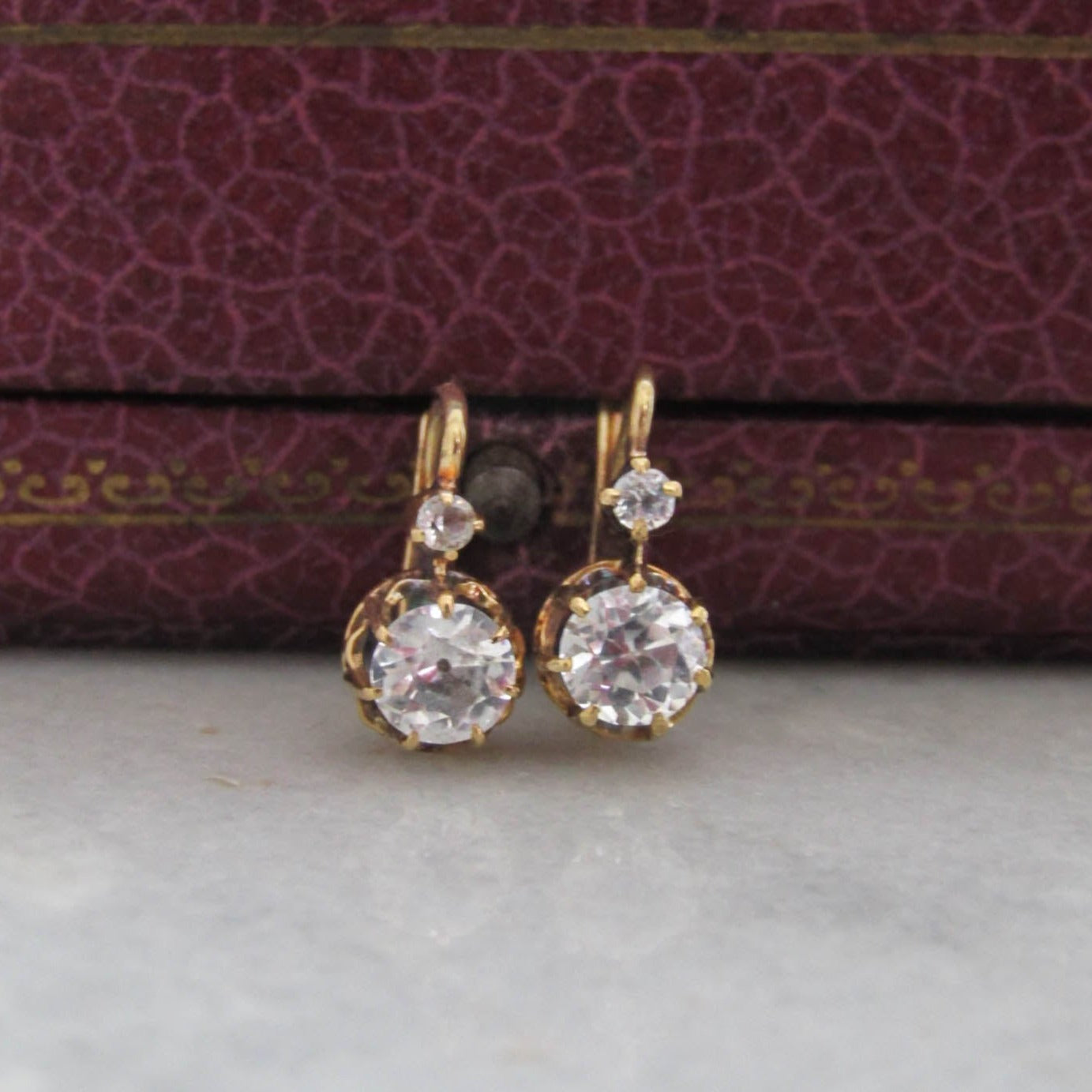 BOXED- 18K Gold White Sapphire Drop Earrings, Antique French Old European Cut Earrings