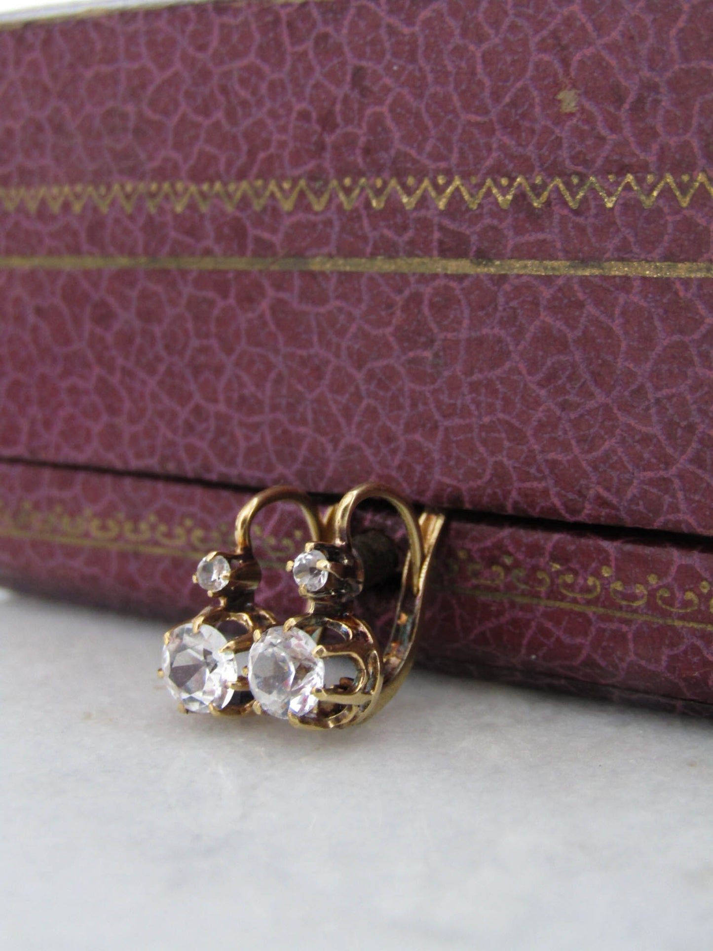 BOXED- 18K Gold White Sapphire Drop Earrings, Antique French Old European Cut Earrings