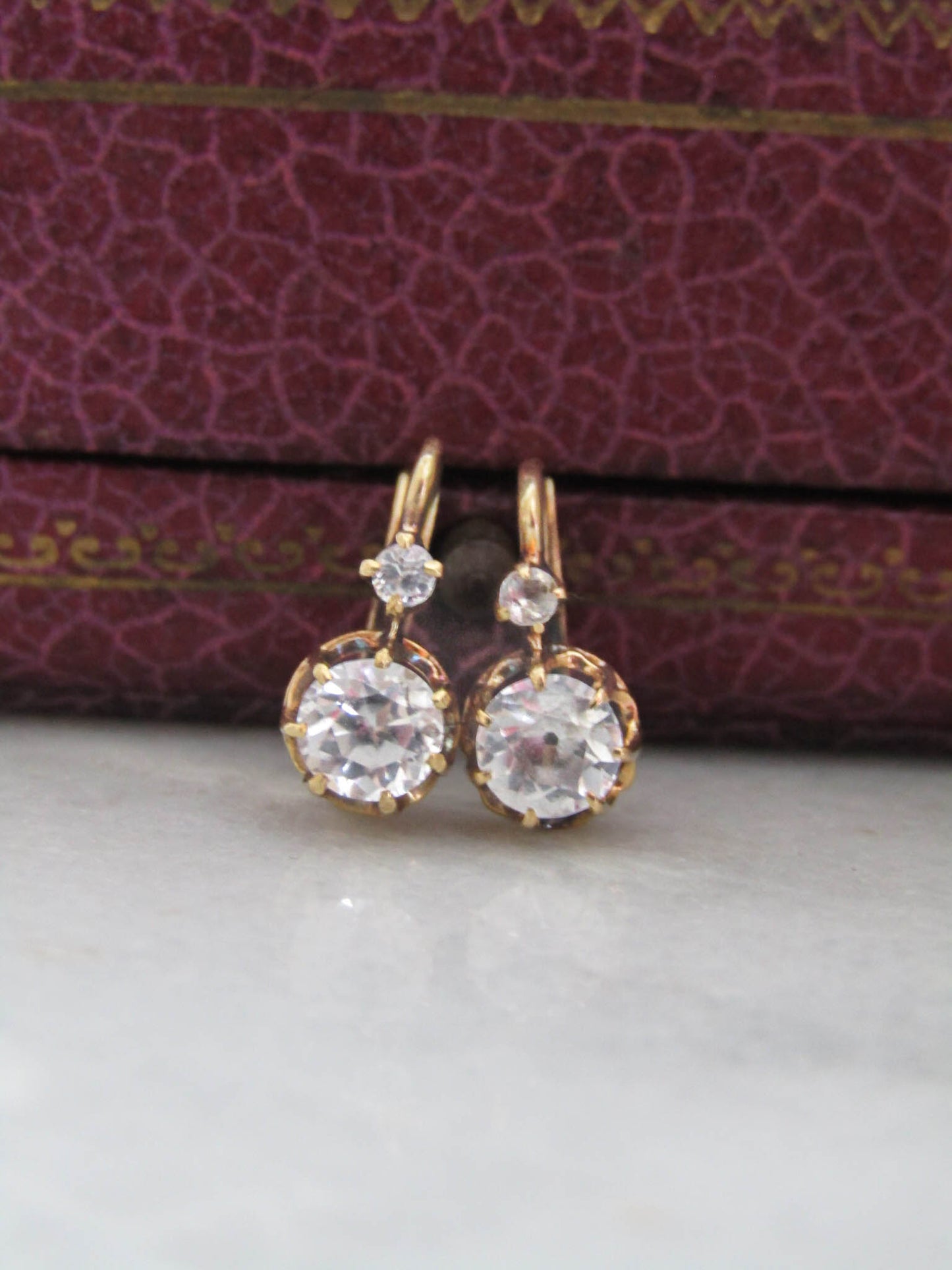 BOXED- 18K Gold White Sapphire Drop Earrings, Antique French Old European Cut Earrings