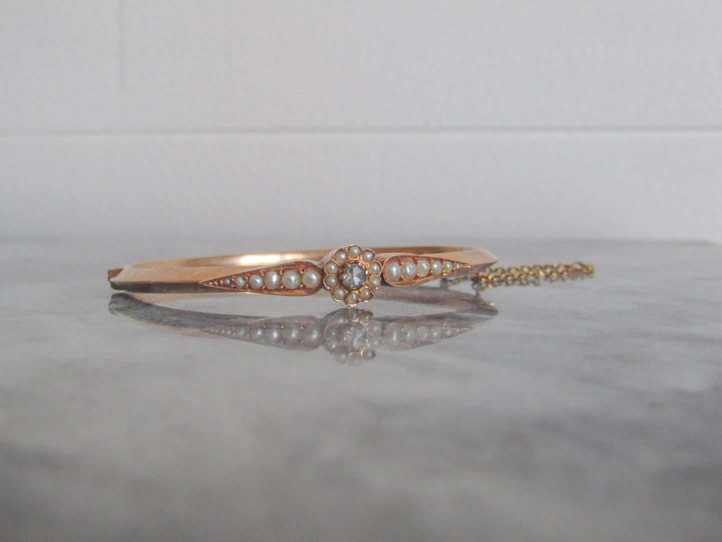 SMALL - 18K Gold Victorian Diamond and Pearl Bangle Bracelet, Antique French Belle Epoque Small Wrist Hinged Box Clasp Bracelet