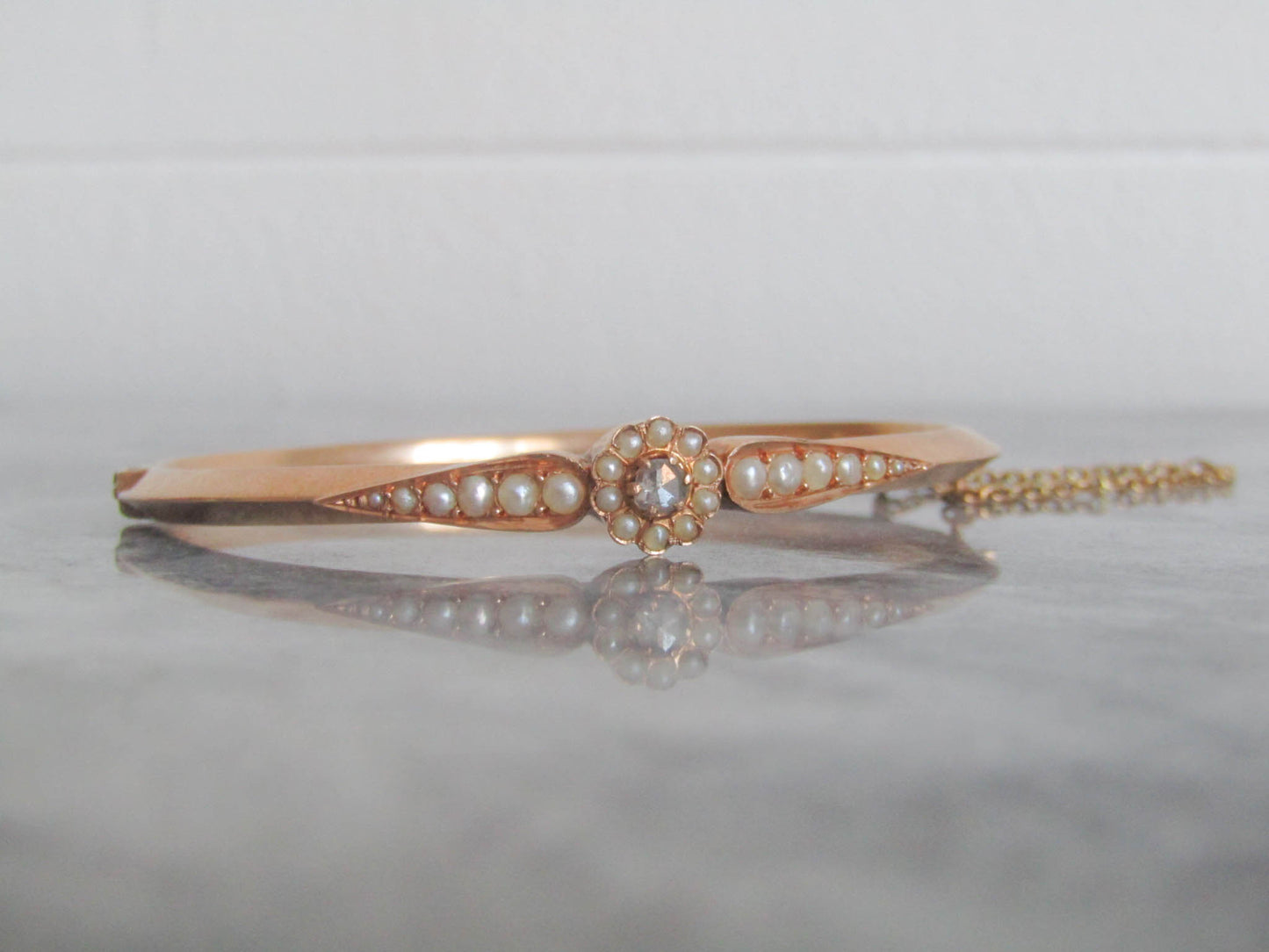 SMALL - 18K Gold Victorian Diamond and Pearl Bangle Bracelet, Antique French Belle Epoque Small Wrist Hinged Box Clasp Bracelet