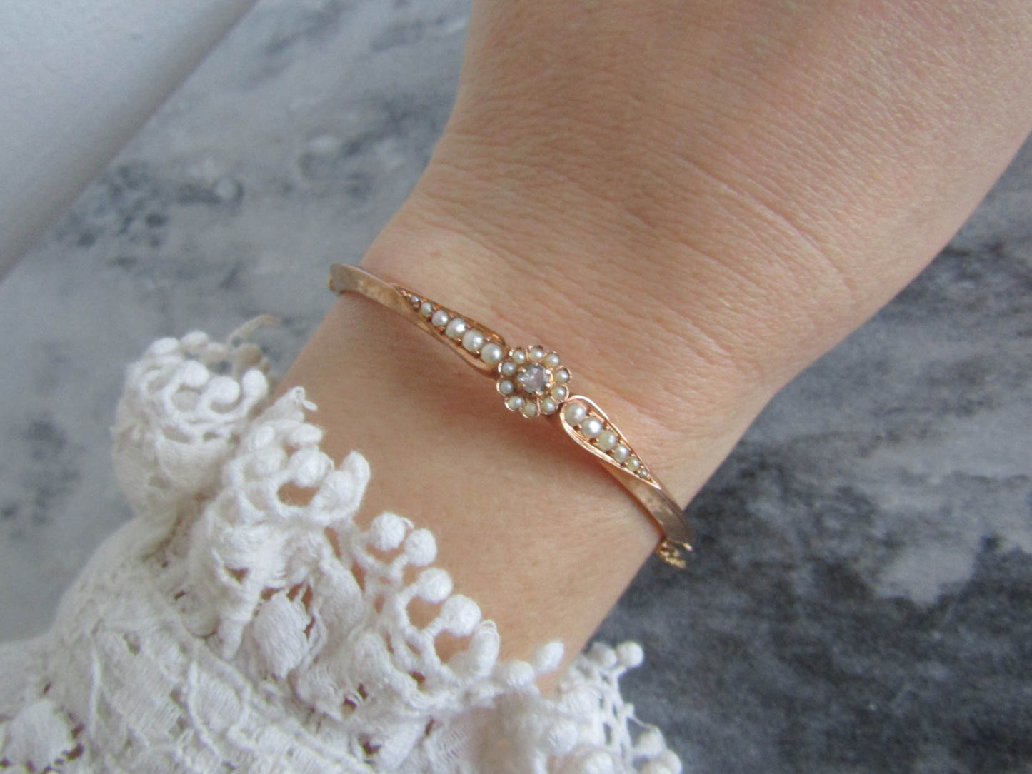 SMALL - 18K Gold Victorian Diamond and Pearl Bangle Bracelet, Antique French Belle Epoque Small Wrist Hinged Box Clasp Bracelet