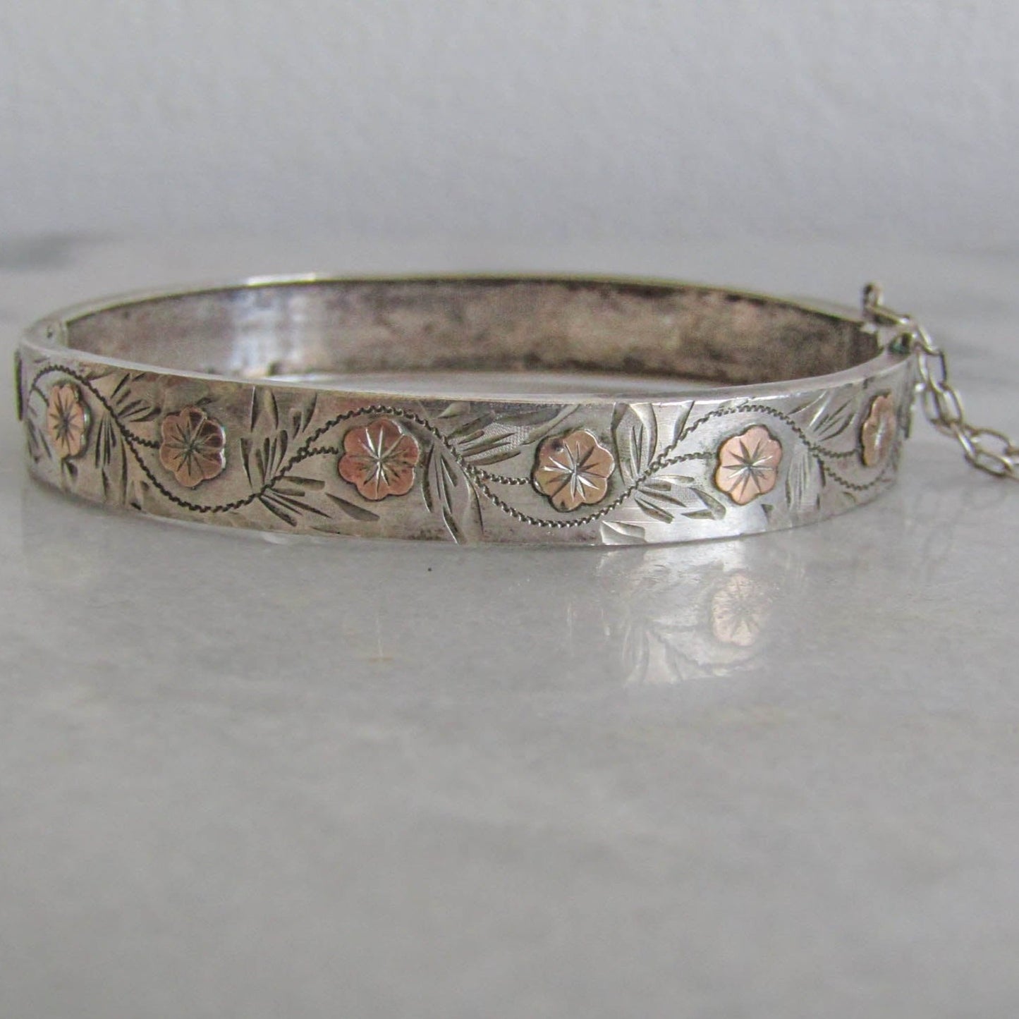 Antique Silver SMALL Bangle Bracelet, Victorian Floral Rose Gold Bangle Bracelet