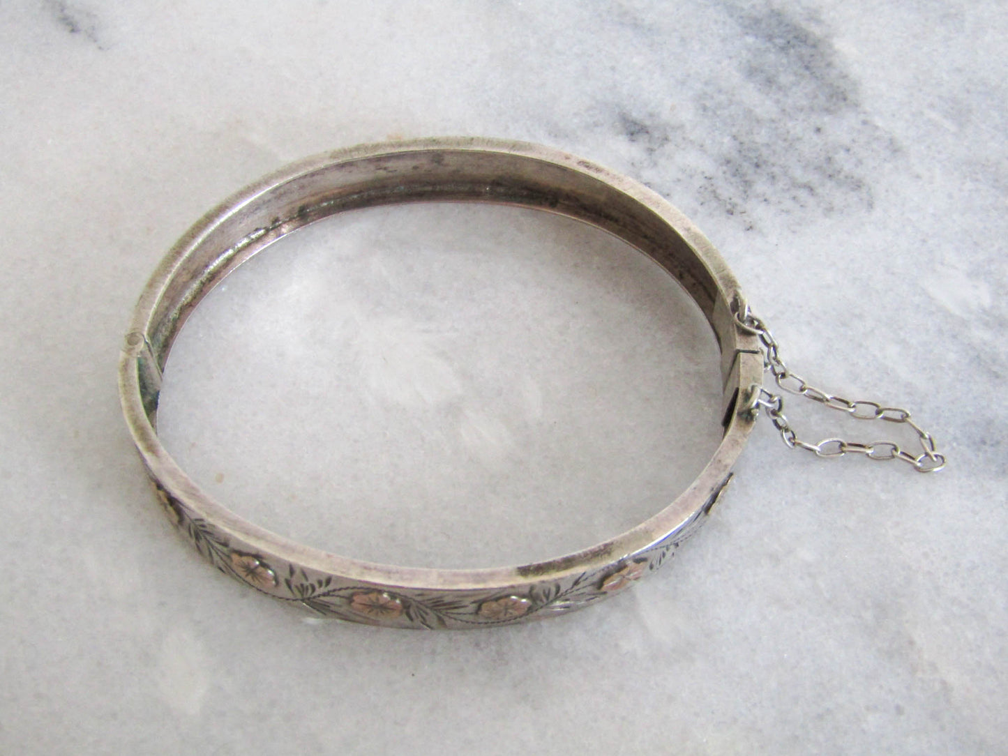 Antique Silver SMALL Bangle Bracelet, Victorian Floral Rose Gold Bangle Bracelet