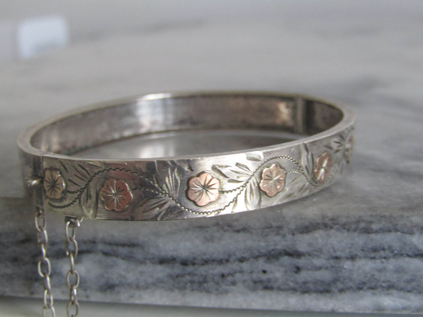 Antique Silver SMALL Bangle Bracelet, Victorian Floral Rose Gold Bangle Bracelet