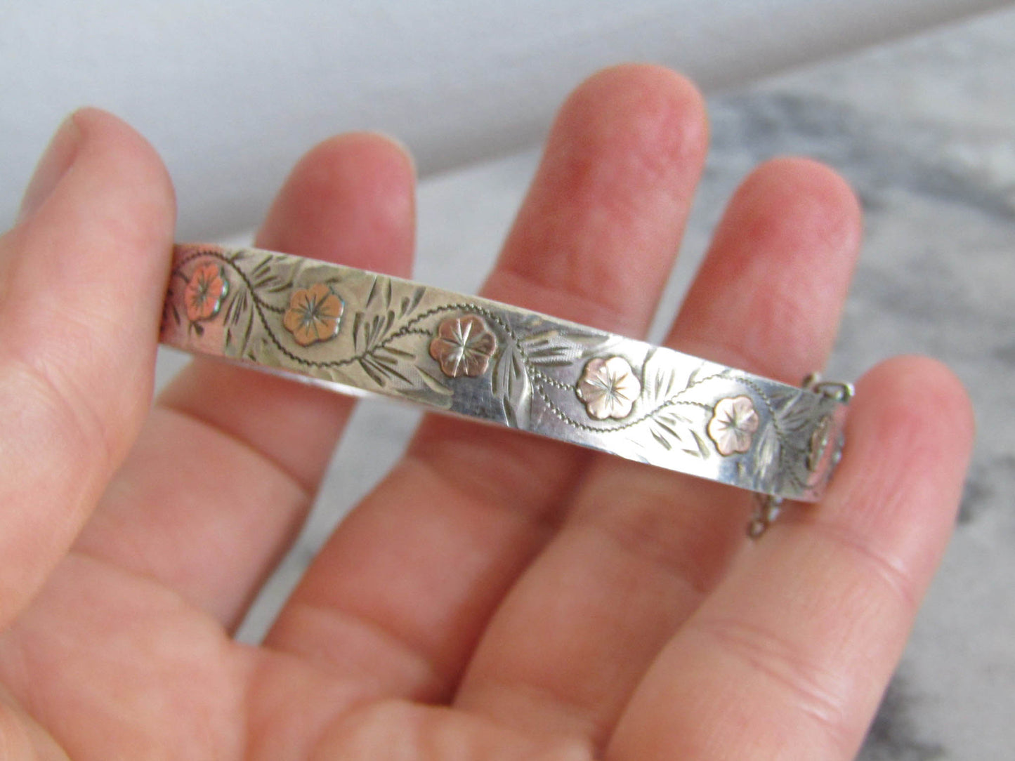 Antique Silver SMALL Bangle Bracelet, Victorian Floral Rose Gold Bangle Bracelet