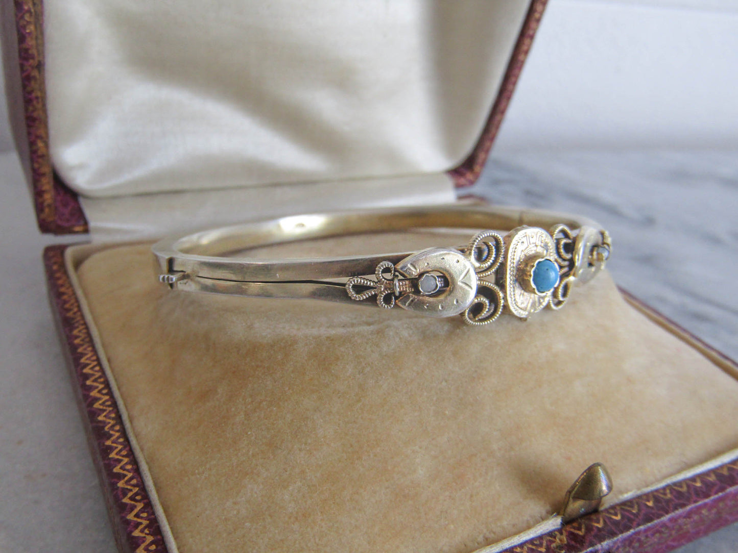 Silver Gilt Victorian Turquoise Bangle Bracelet, Lucky Horseshoe Silver Vermeil Bangle c. 1860