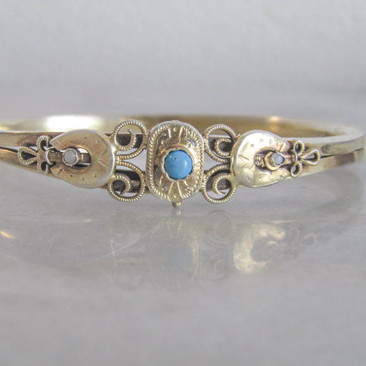 Silver Gilt Victorian Turquoise Bangle Bracelet, Lucky Horseshoe Silver Vermeil Bangle c. 1860