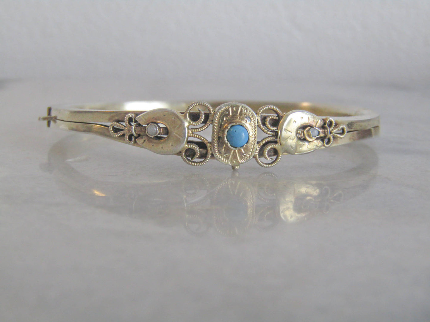 Silver Gilt Victorian Turquoise Bangle Bracelet, Lucky Horseshoe Silver Vermeil Bangle c. 1860