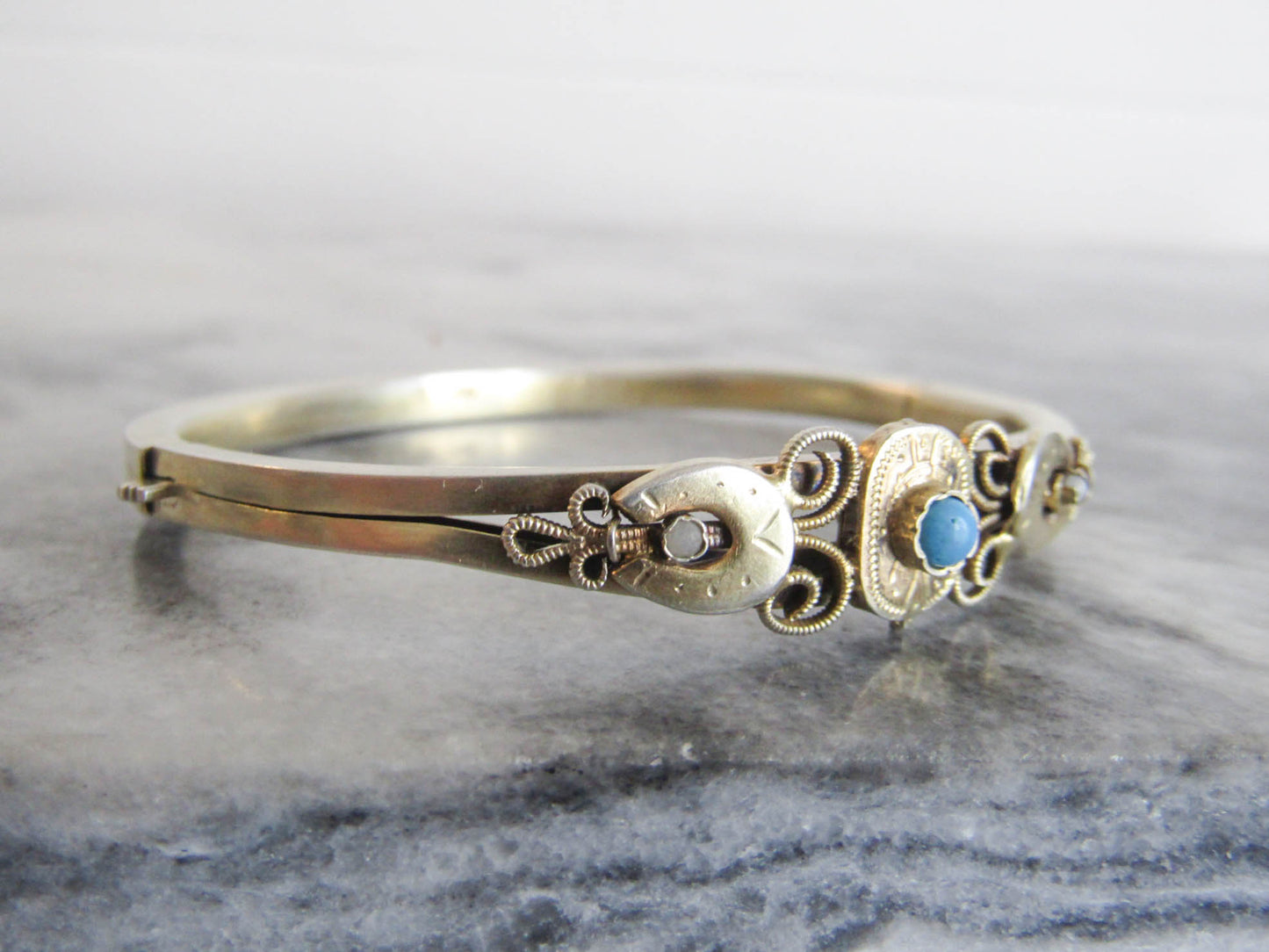 Silver Gilt Victorian Turquoise Bangle Bracelet, Lucky Horseshoe Silver Vermeil Bangle c. 1860