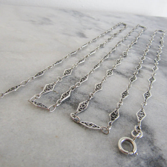 56" Antique Silver Filigree Long Guard Chain, Victorian Belle Epoque Filigree Muff Chain