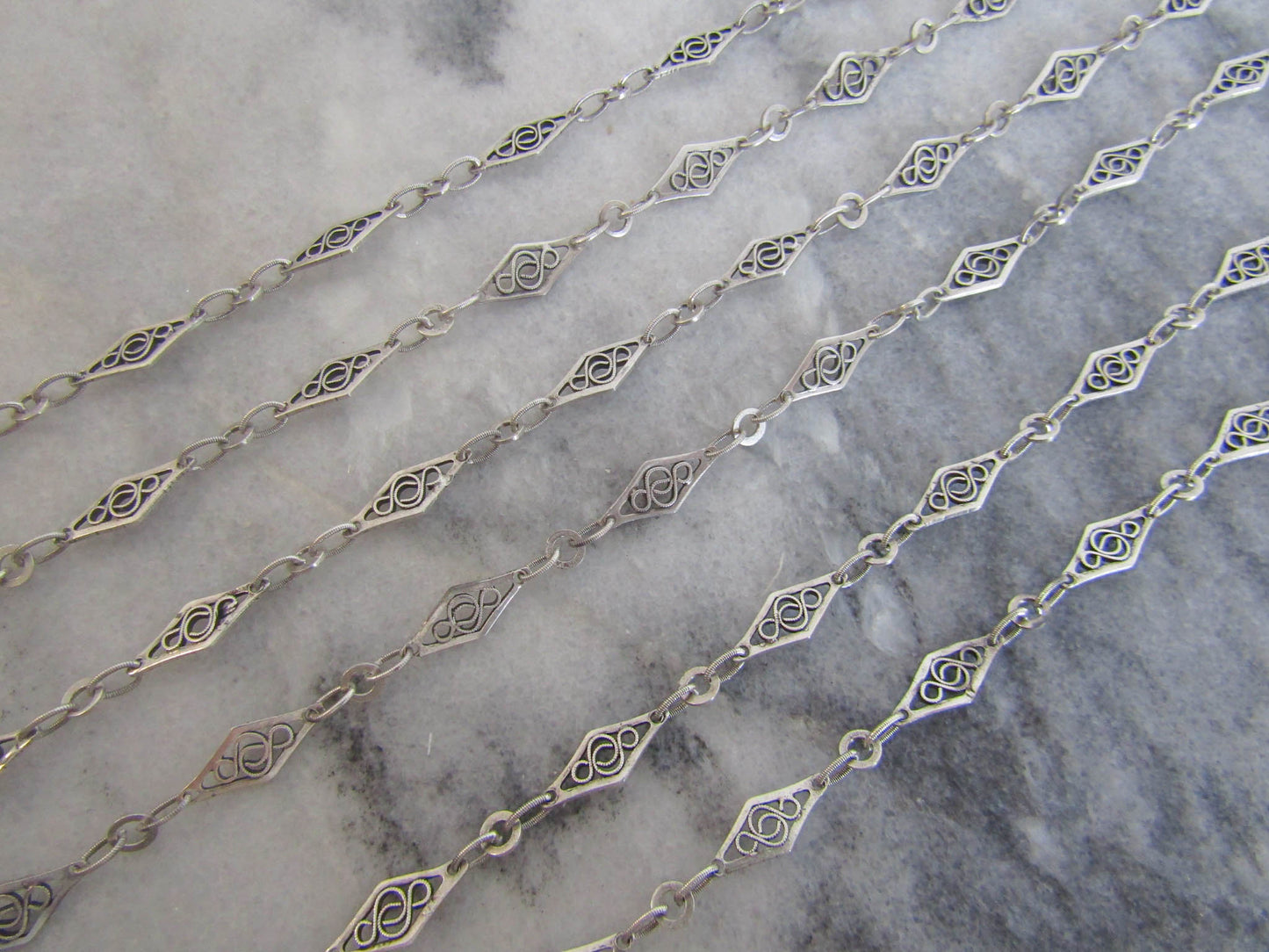 56" Antique Silver Filigree Long Guard Chain, Victorian Belle Epoque Filigree Muff Chain