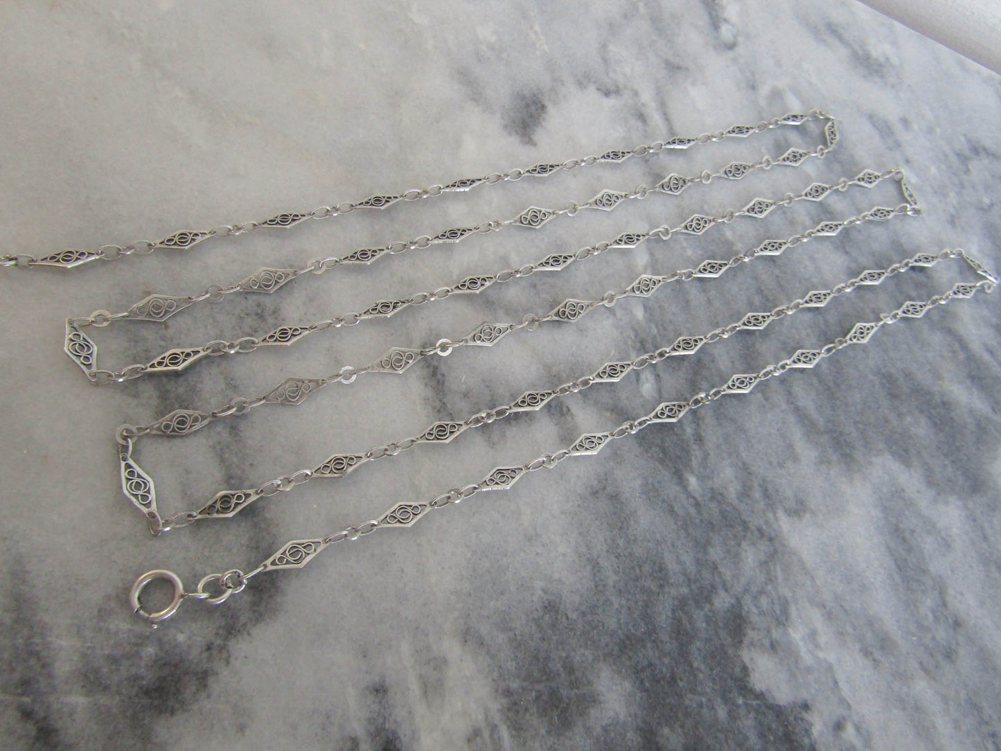 56" Antique Silver Filigree Long Guard Chain, Victorian Belle Epoque Filigree Muff Chain