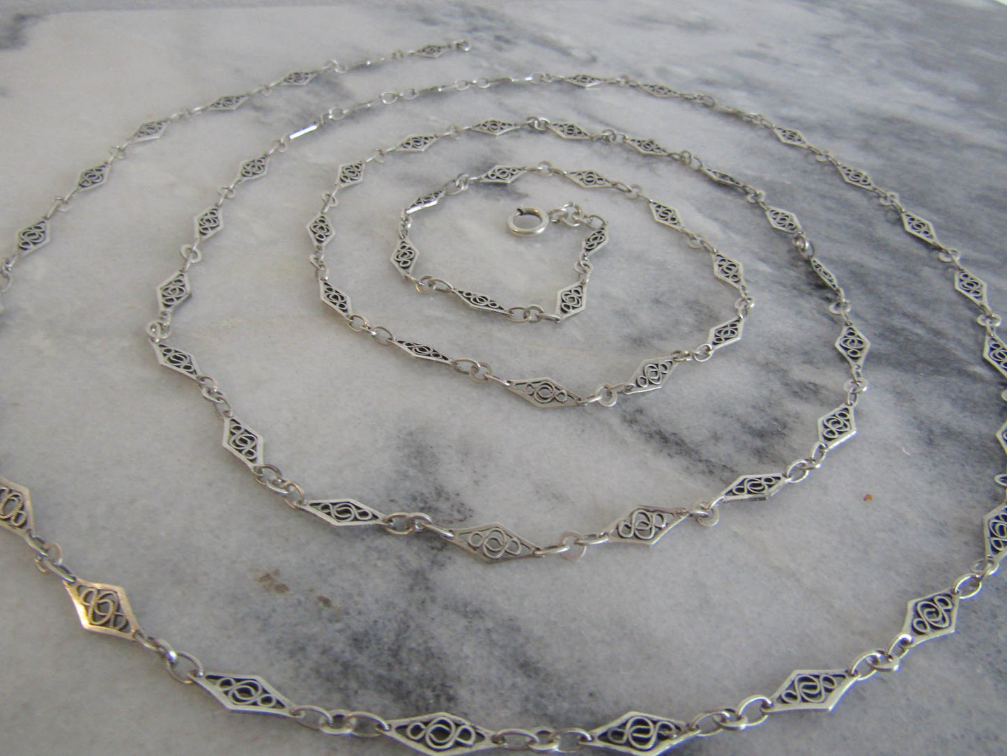 56" Antique Silver Filigree Long Guard Chain, Victorian Belle Epoque Filigree Muff Chain