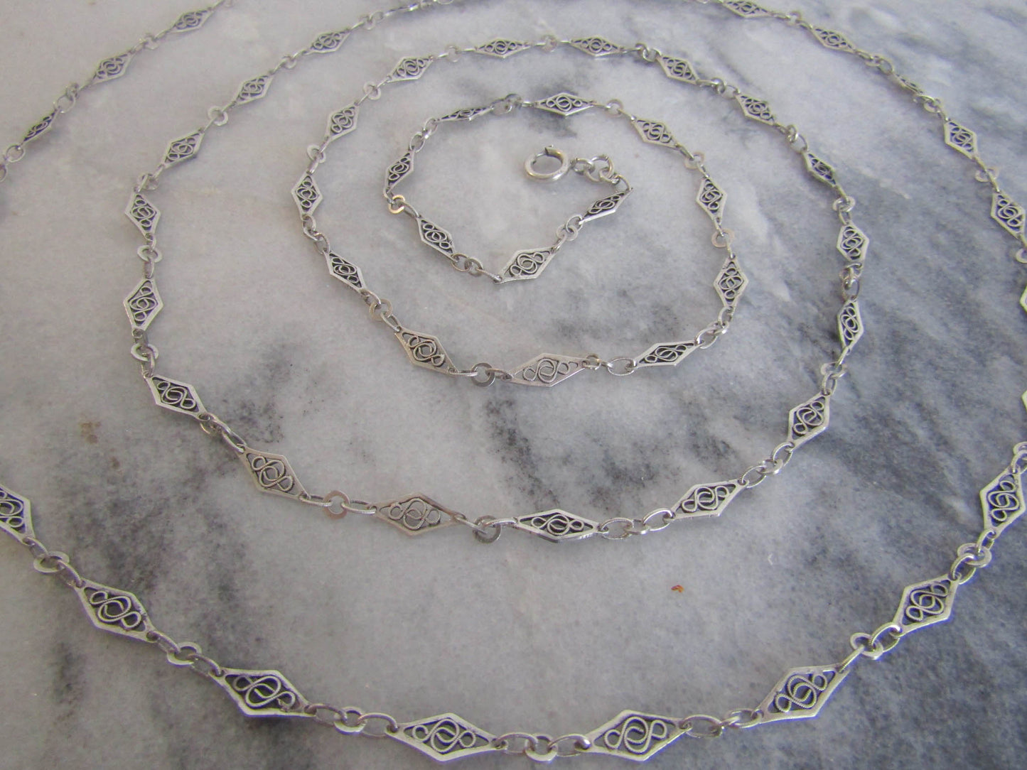 56" Antique Silver Filigree Long Guard Chain, Victorian Belle Epoque Filigree Muff Chain