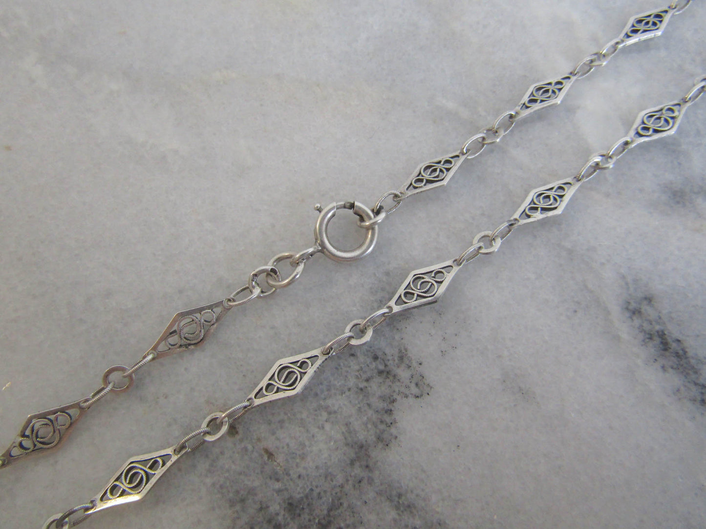 56" Antique Silver Filigree Long Guard Chain, Victorian Belle Epoque Filigree Muff Chain