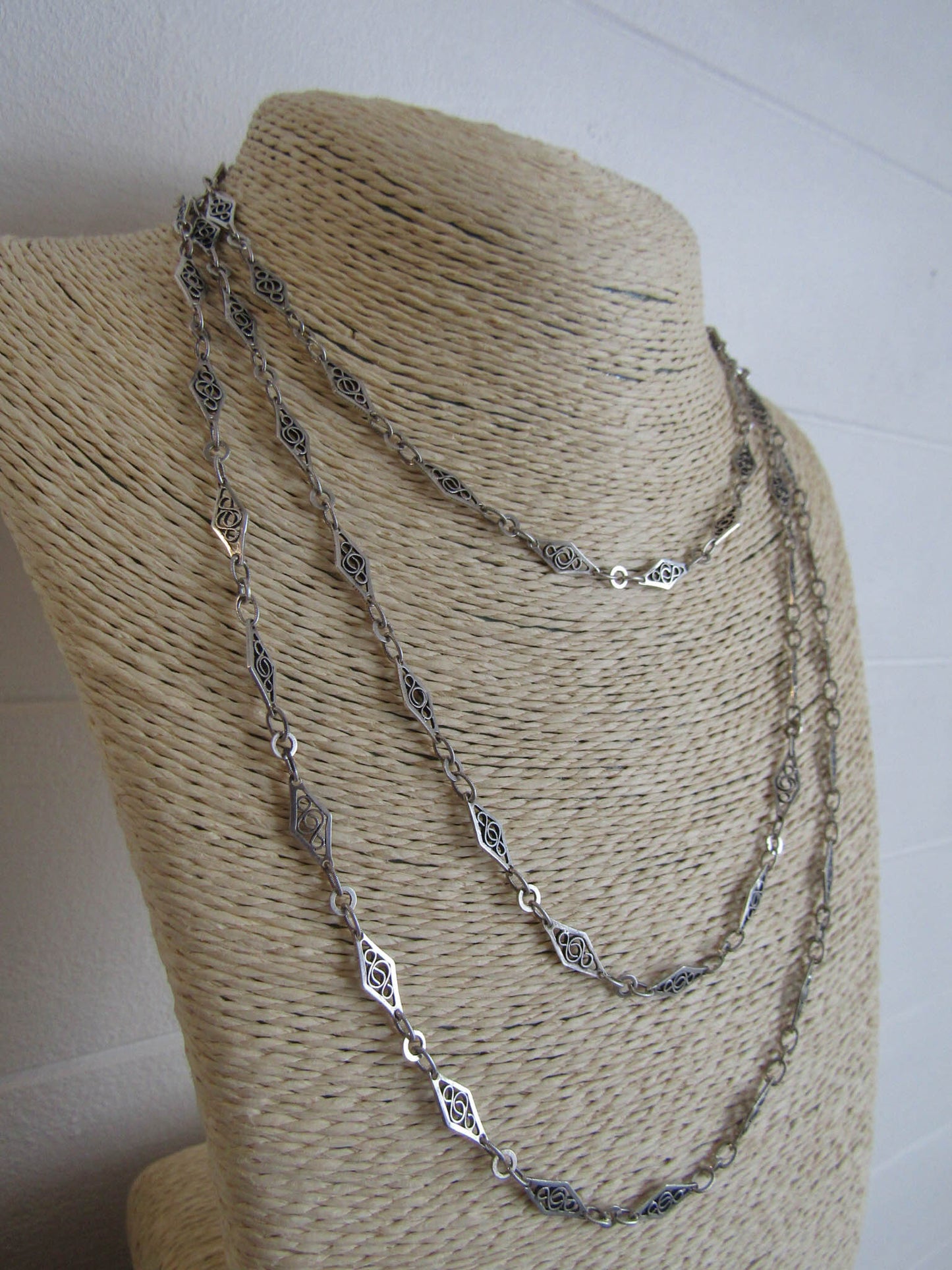 56" Antique Silver Filigree Long Guard Chain, Victorian Belle Epoque Filigree Muff Chain