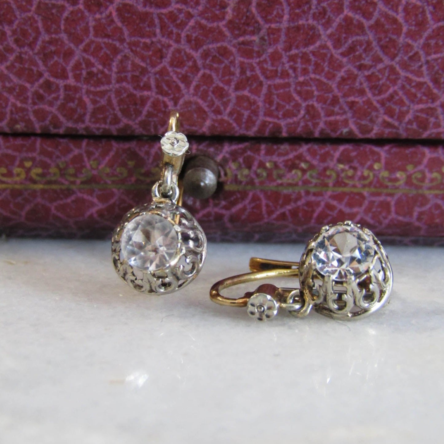 Antique 18K Gold and Silver Crown Prong Paste Earrings, Trembleuse Paste Drop Earrings