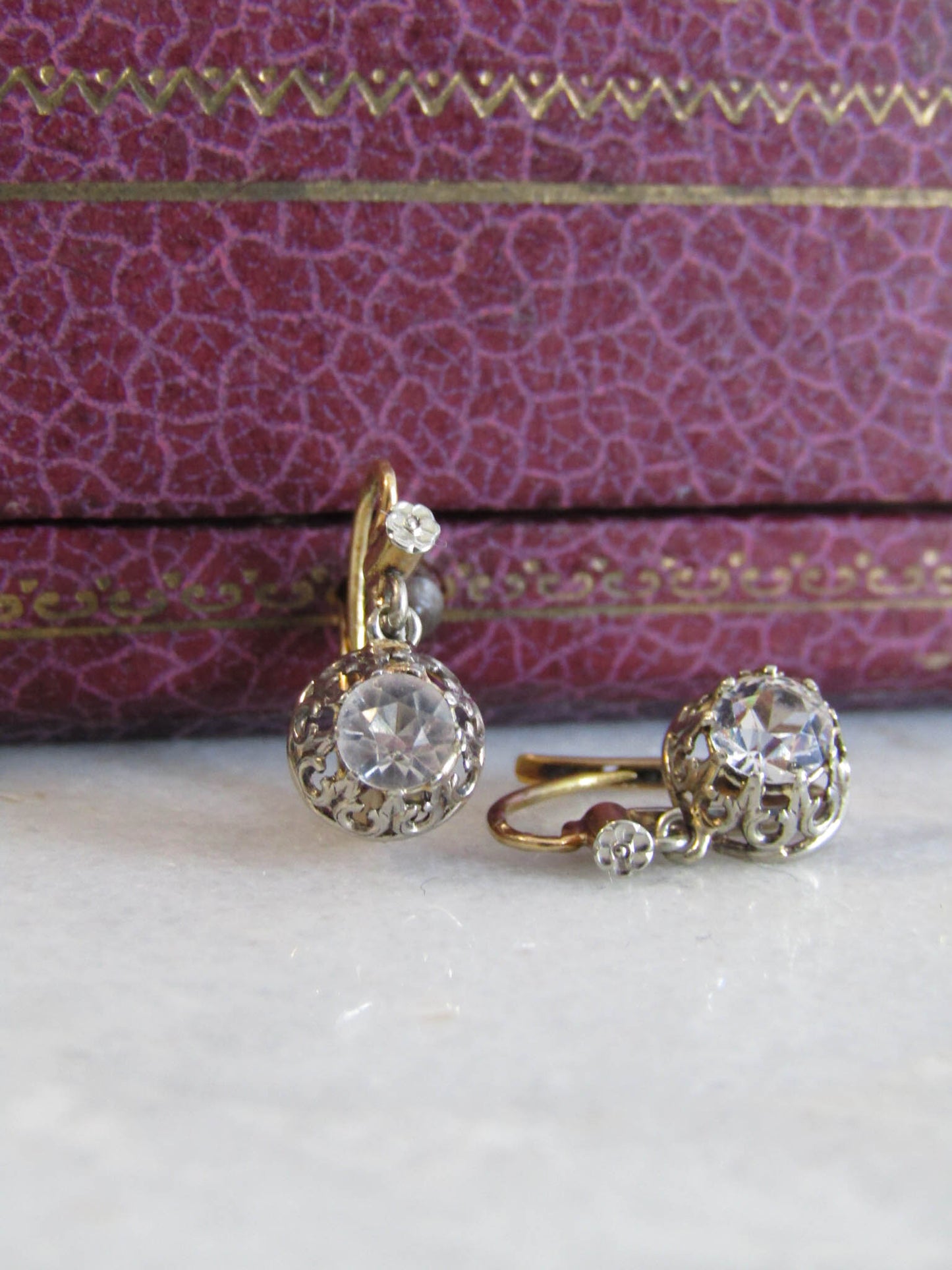 Antique 18K Gold and Silver Crown Prong Paste Earrings, Trembleuse Paste Drop Earrings