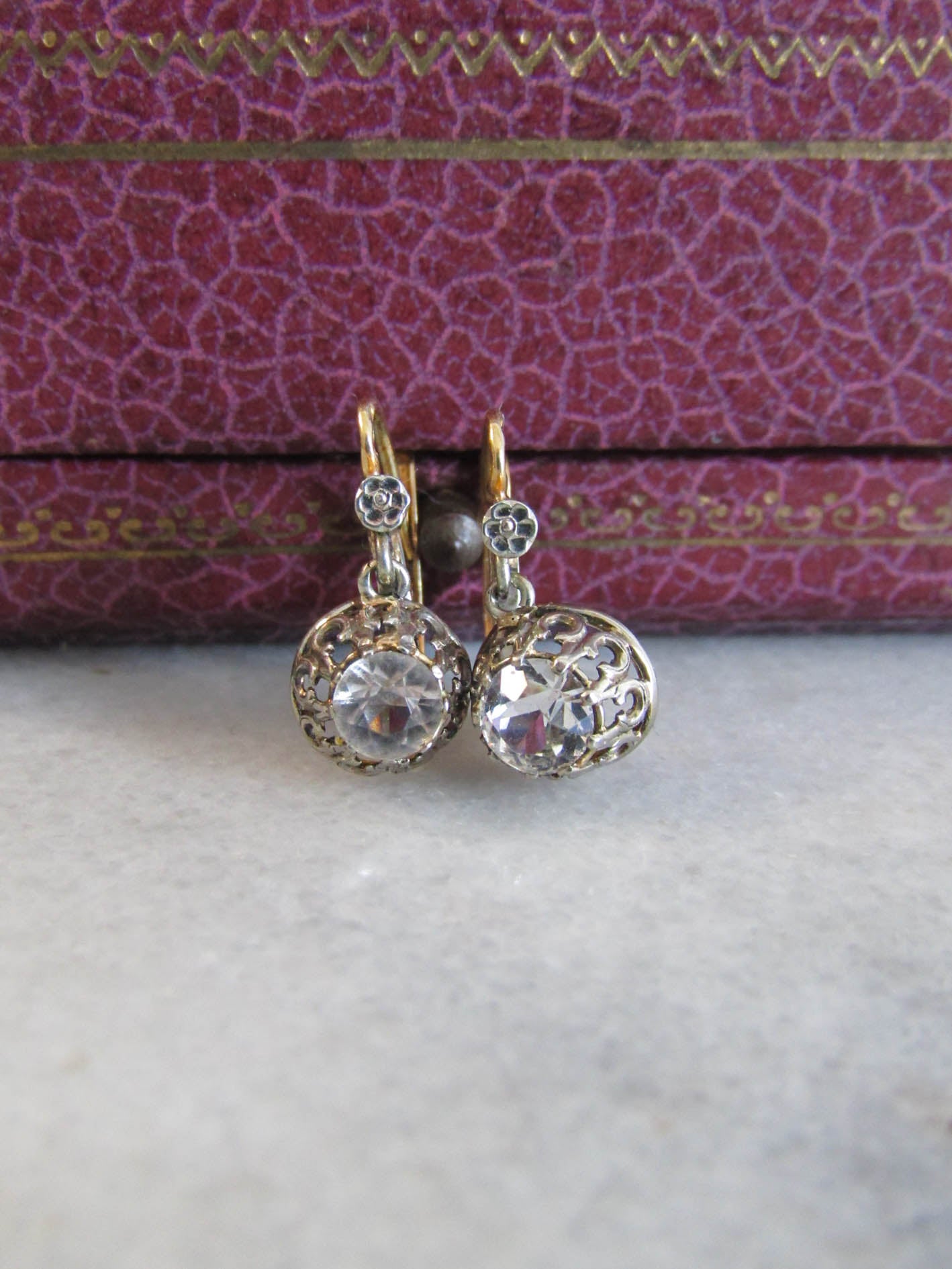 Antique 18K Gold and Silver Crown Prong Paste Earrings, Trembleuse Paste Drop Earrings