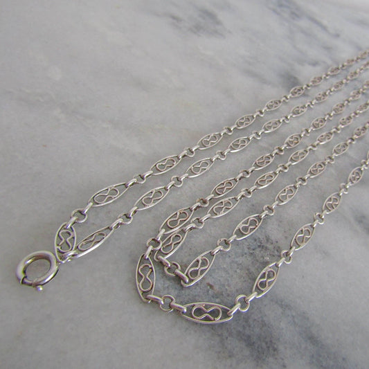 52" Antique Silver Infinity Knot Long Guard Chain, French Chatelaine Chain with Hanging Bolt Ring